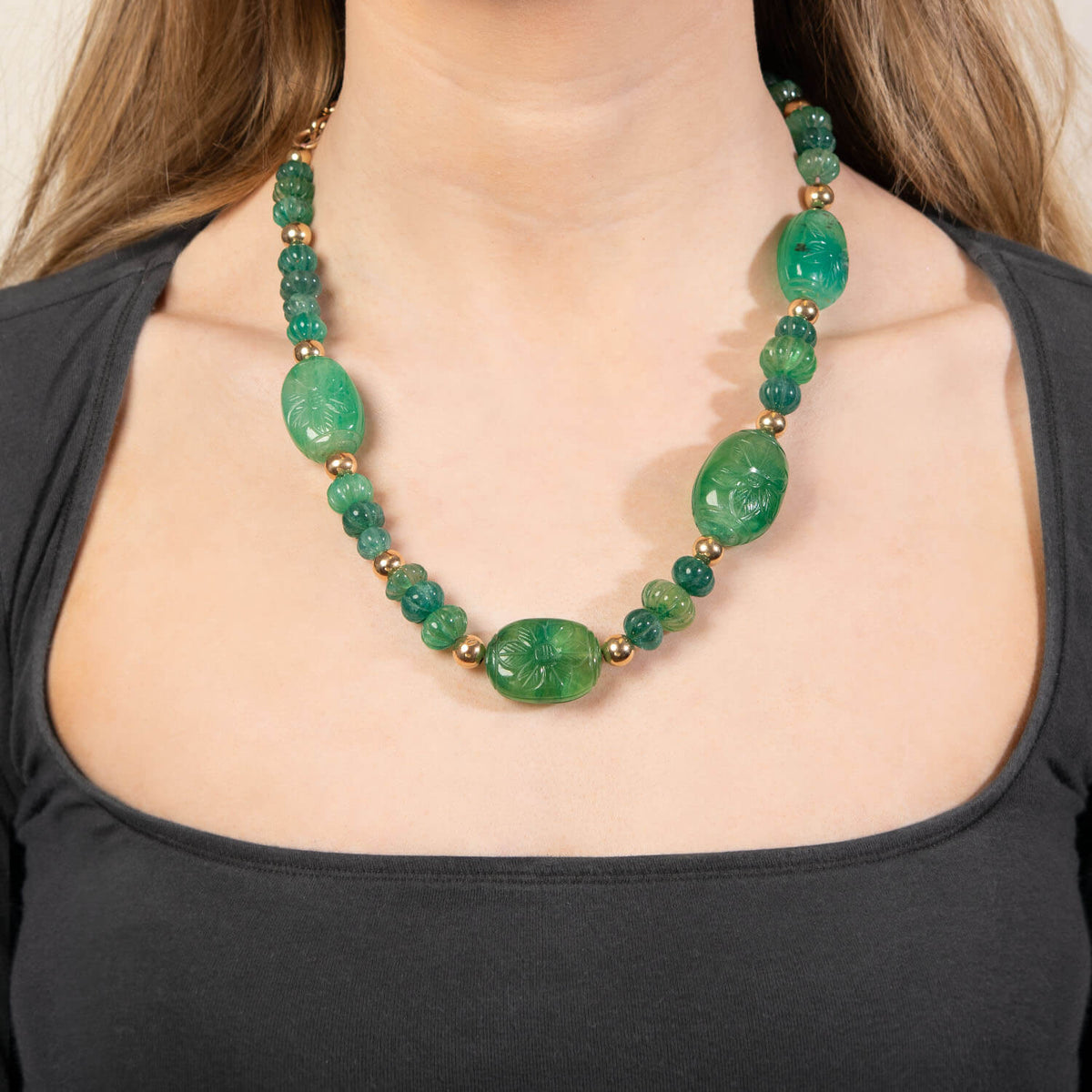 Art Deco Gold-Filled & Carved Jadeite Bead Necklace