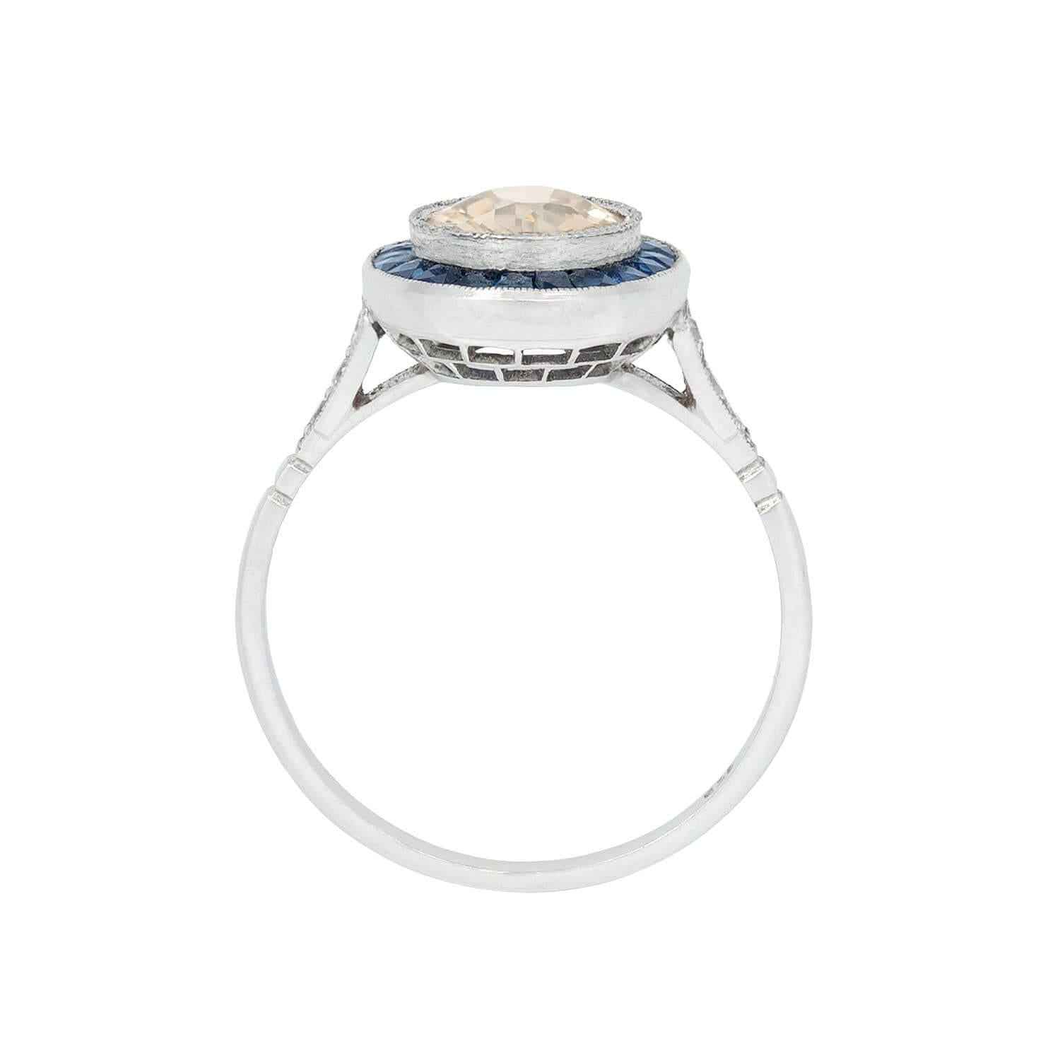 Estate Platinum  Champagne Diamond and Sapphire Halo Ring 1.12ctw