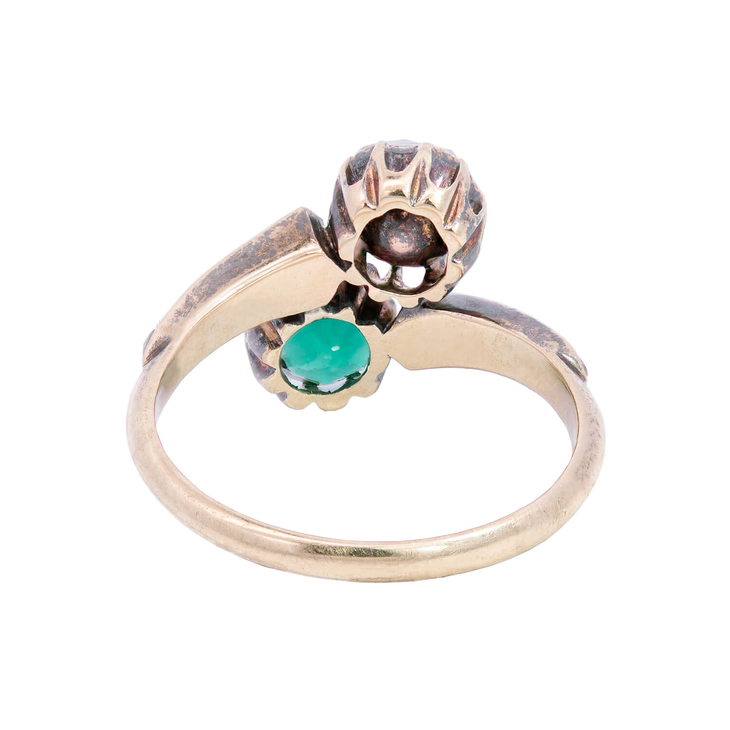 Victorian 18kt/Sterling Diamond + Emerald Moi et Toi Bypass Ring