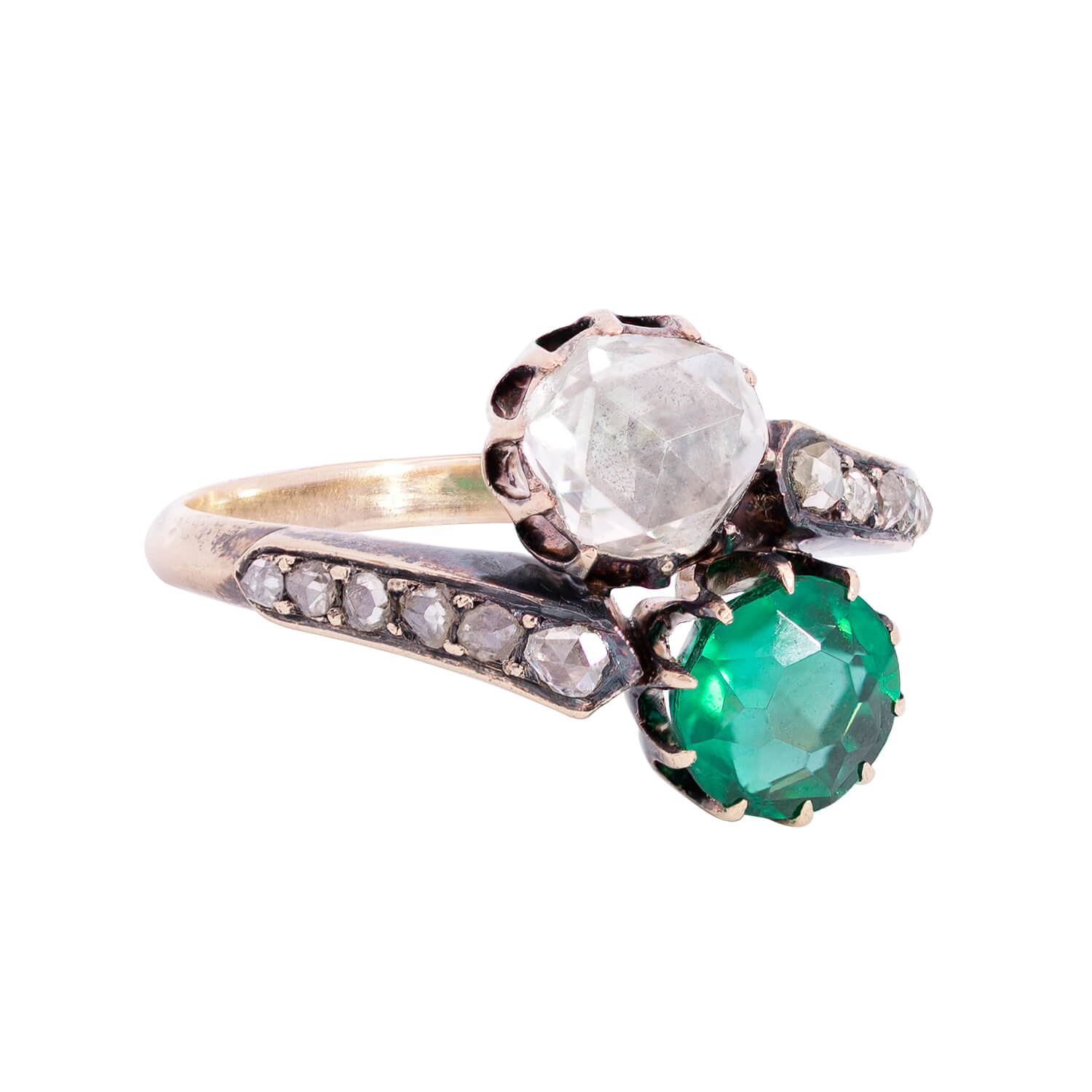 Victorian 18kt/Sterling Diamond + Emerald Moi et Toi Bypass Ring