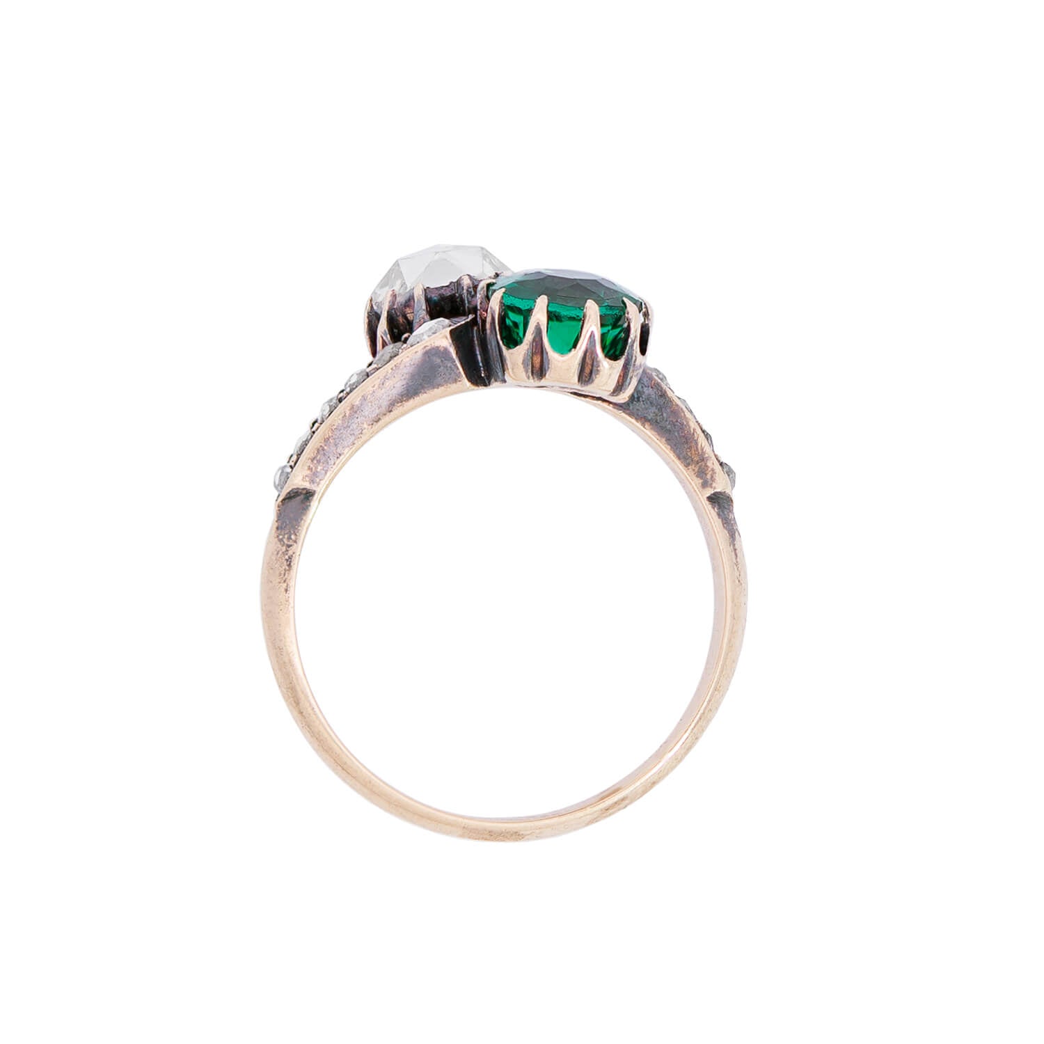 Victorian 18kt/Sterling Diamond + Emerald Moi et Toi Bypass Ring