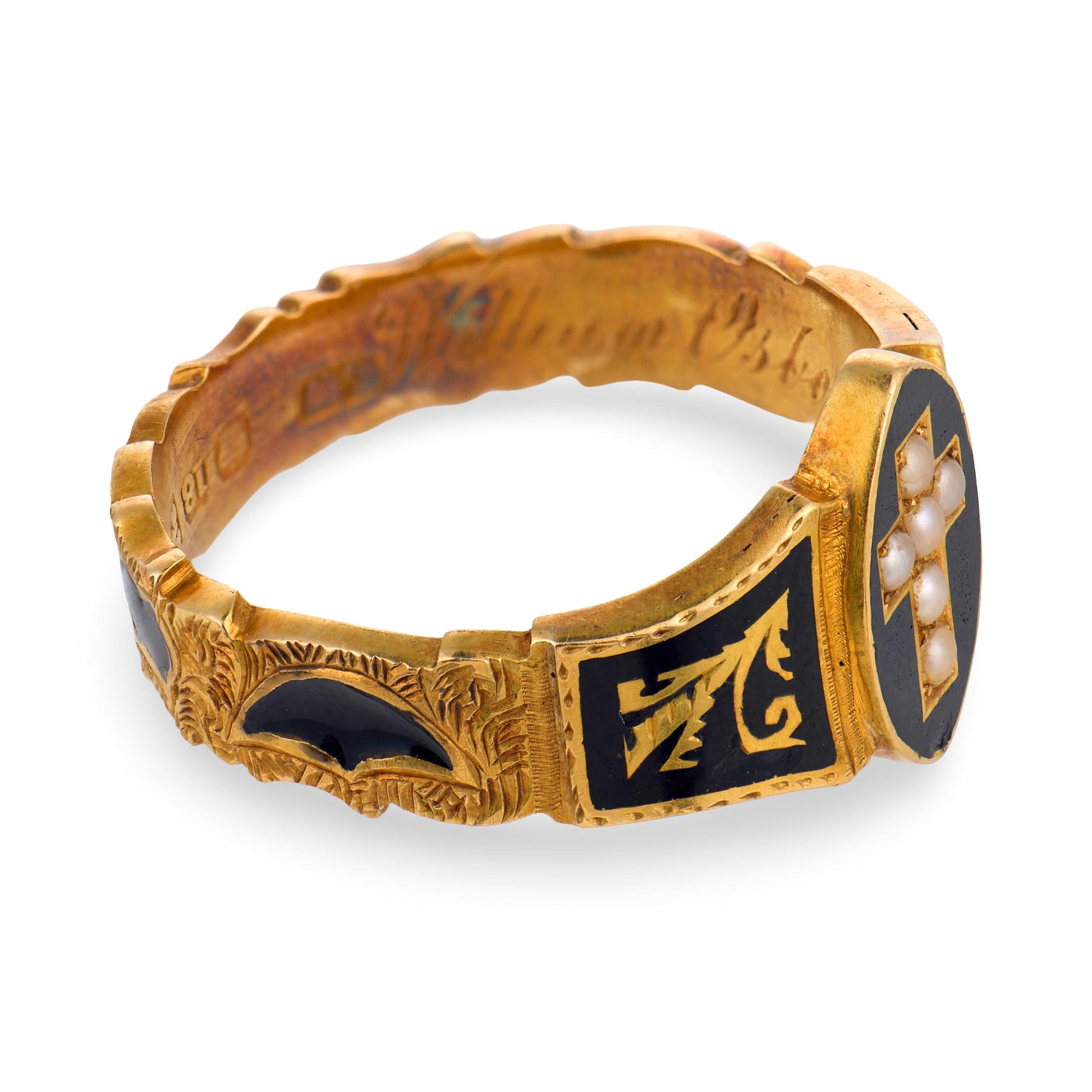 Victorian English 18k Pearl & Enamel Mourning Ring