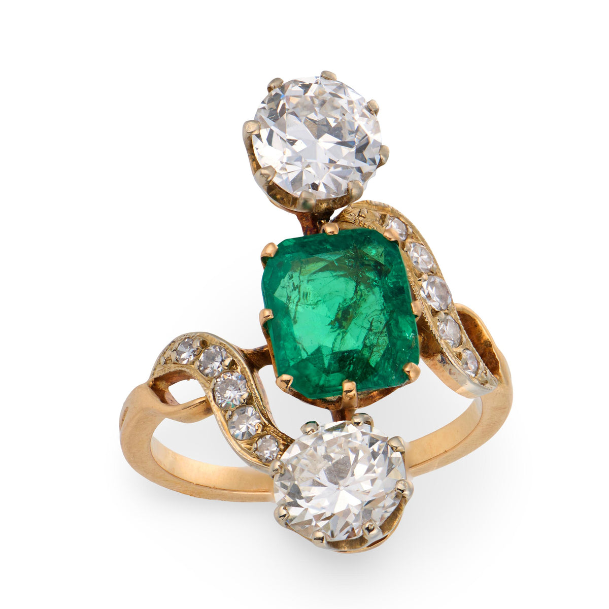 Art Nouveau French 18k/Platinum Emerald & Diamond Navette Ring