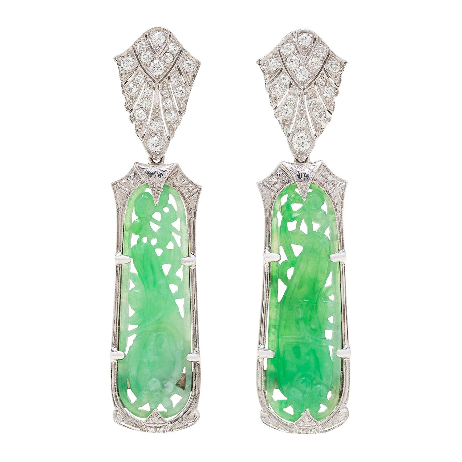 Art Deco Platinum Diamond and Jade Earrings