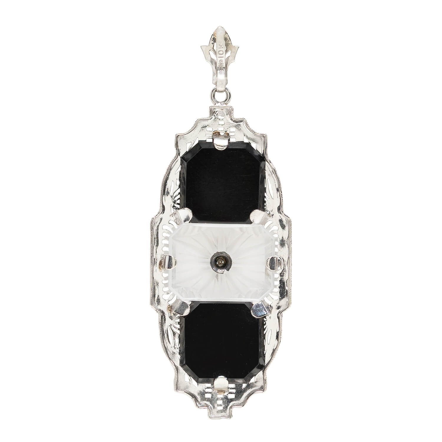 Art Deco 10K Diamond + Onyx Filigree Pendent