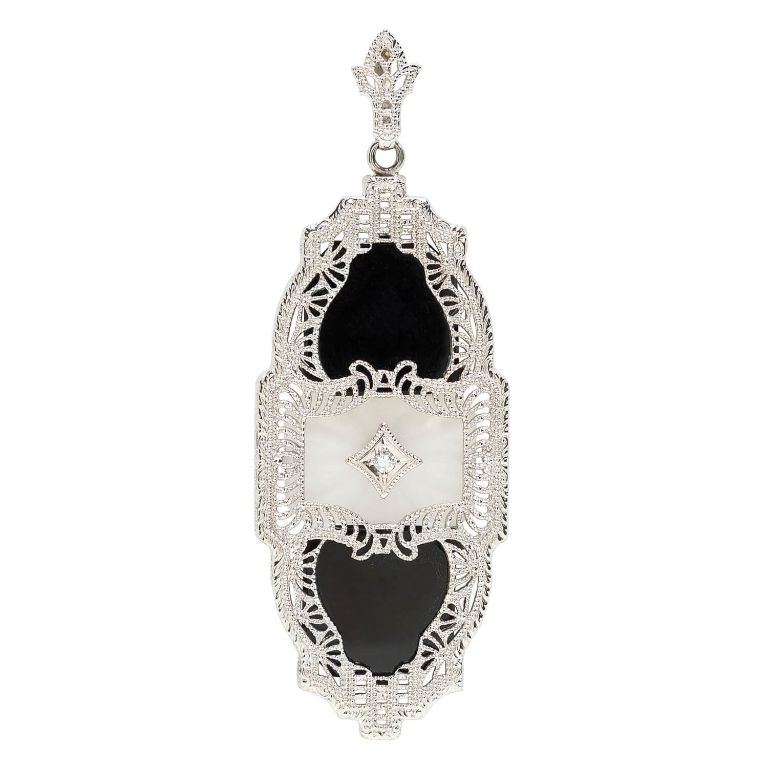 Art Deco 10K Diamond + Onyx Filigree Pendent