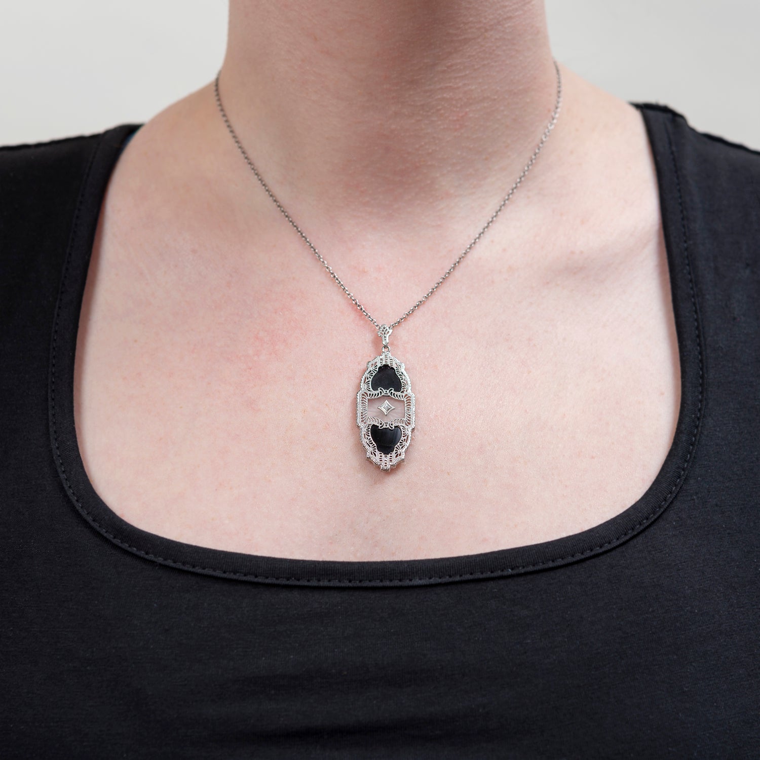 Art Deco 10K Diamond + Onyx Filigree Pendent