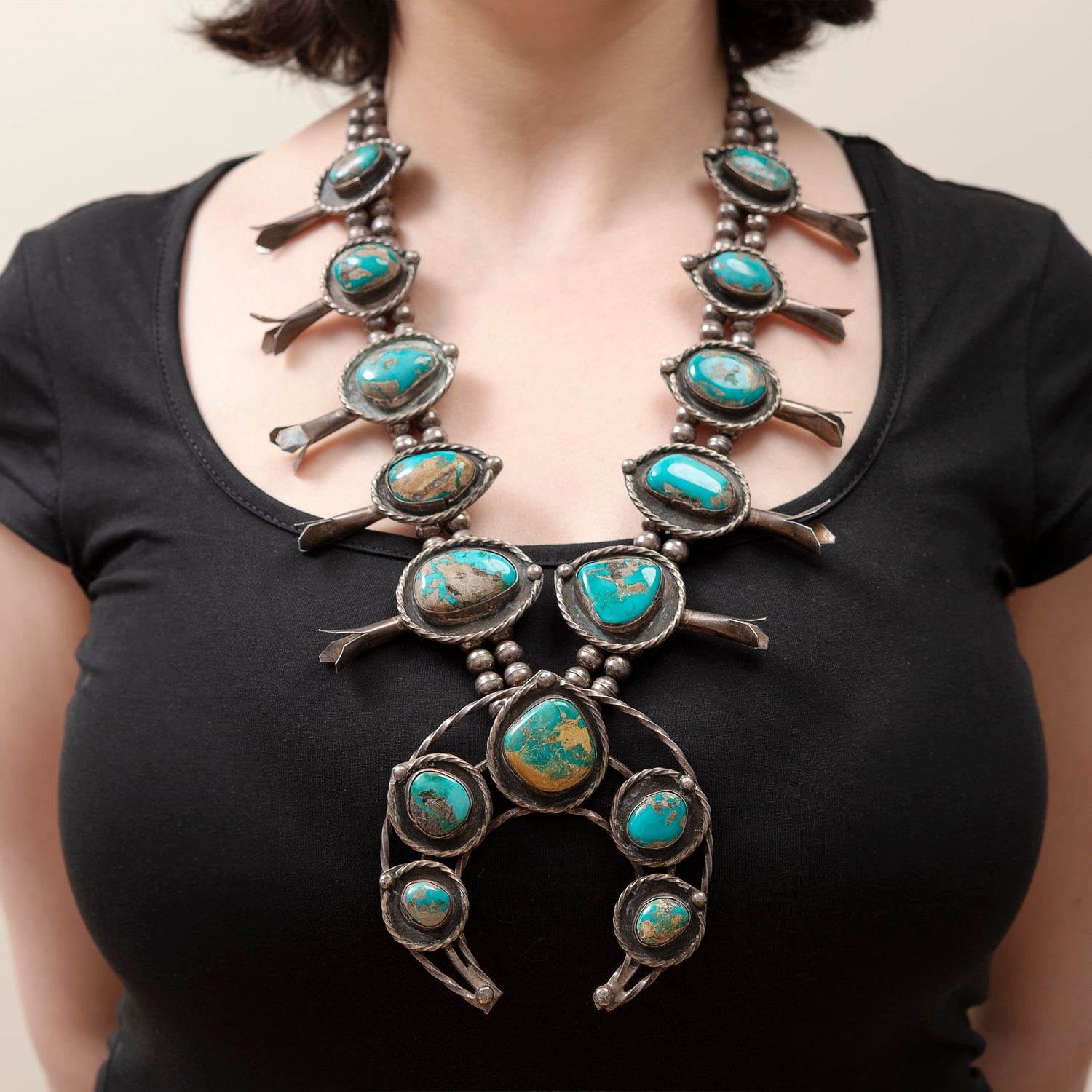 Retro Coin Silver + Turquoise Squash Blossom Necklace