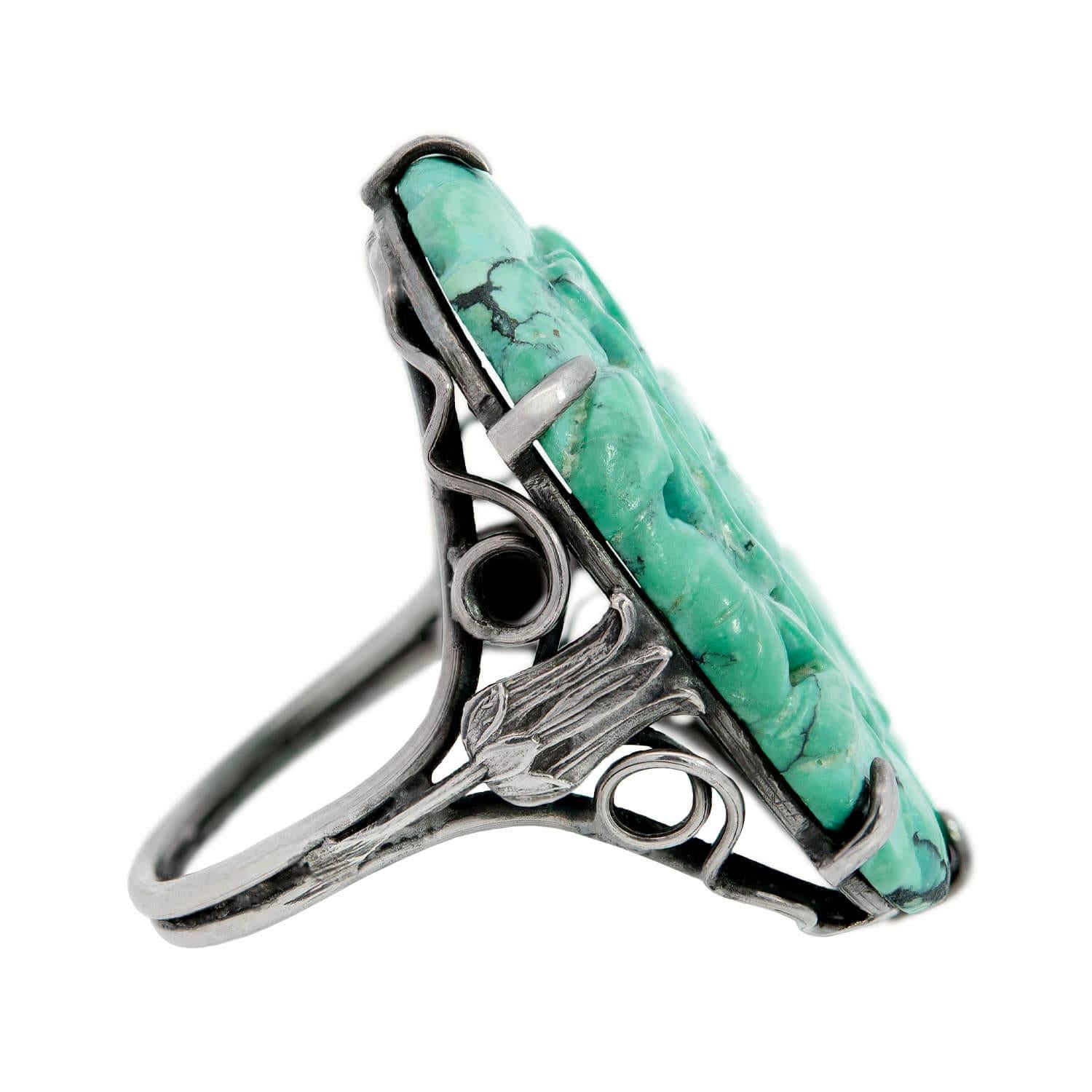 Edwardian Sterling Silver Chinese Carved Turquoise Ring