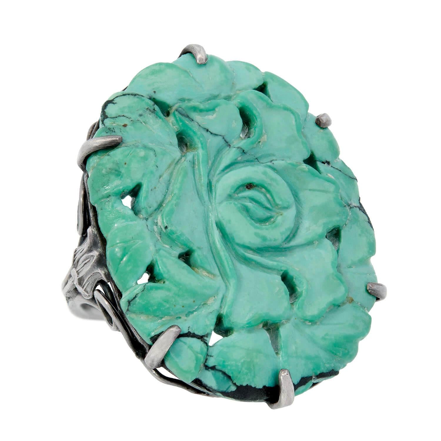 Edwardian Sterling Silver Chinese Carved Turquoise Ring