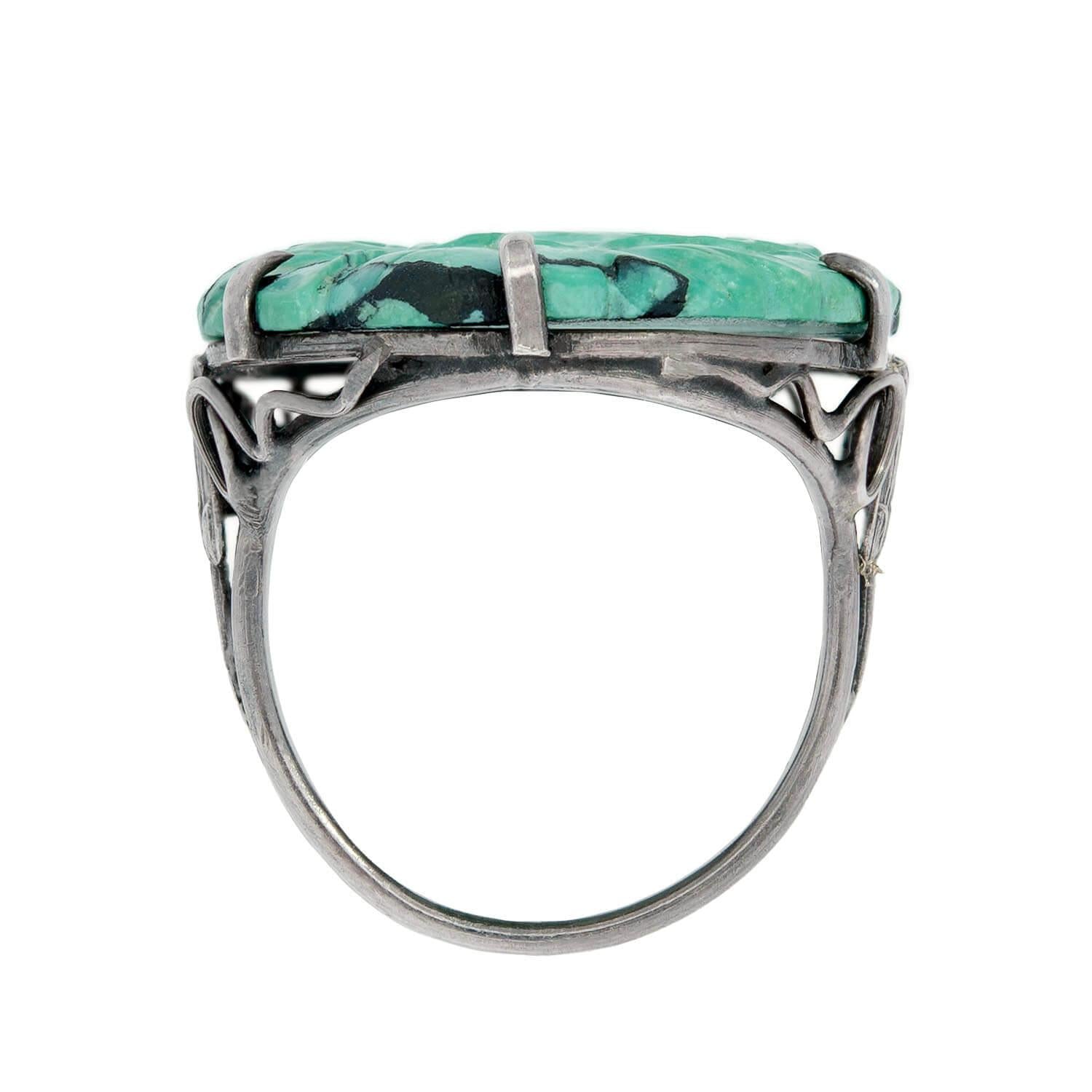 Edwardian Sterling Silver Chinese Carved Turquoise Ring