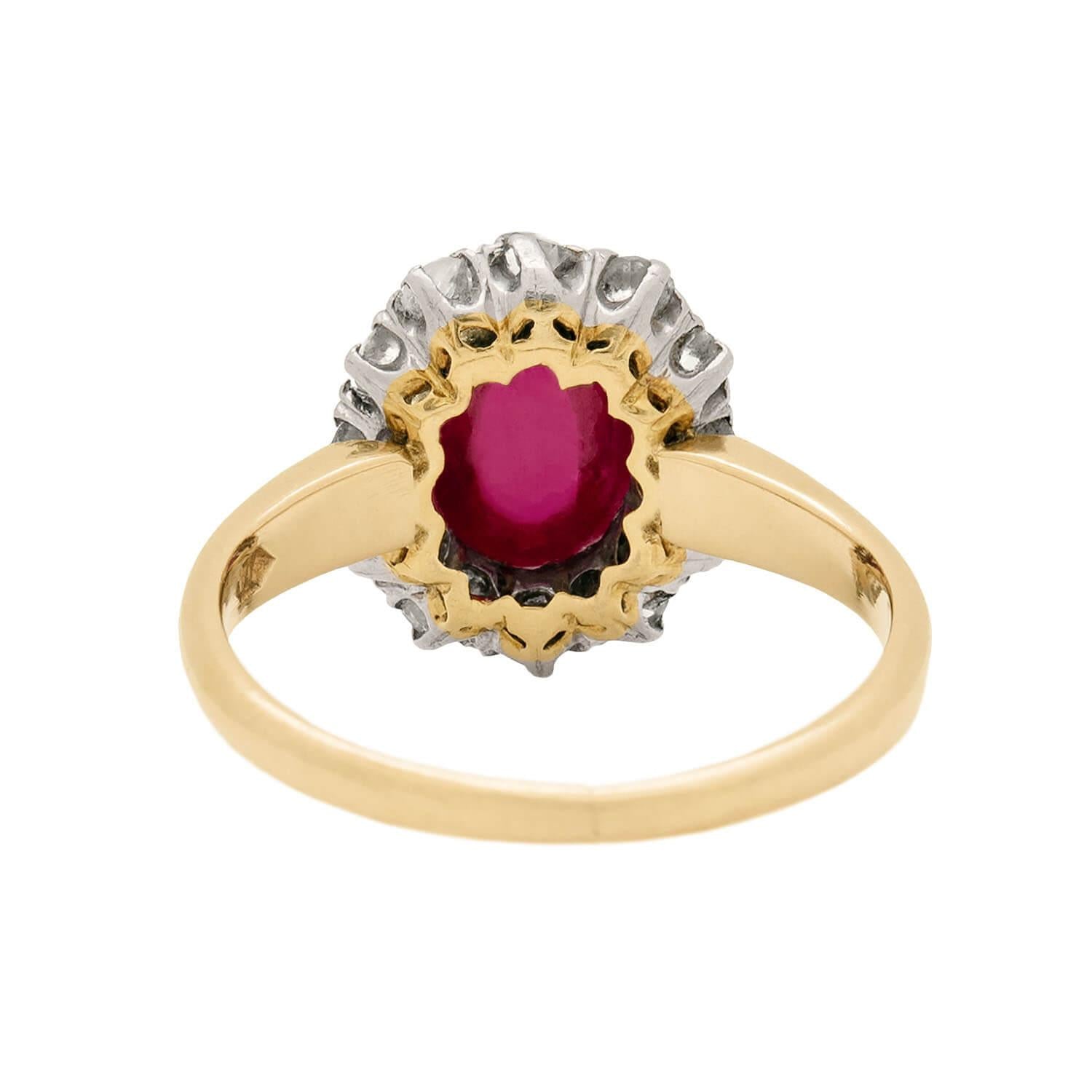 Victorian 14k/Sterling Silver Ruby Cabochon and Diamond Cluster Engagement Ring