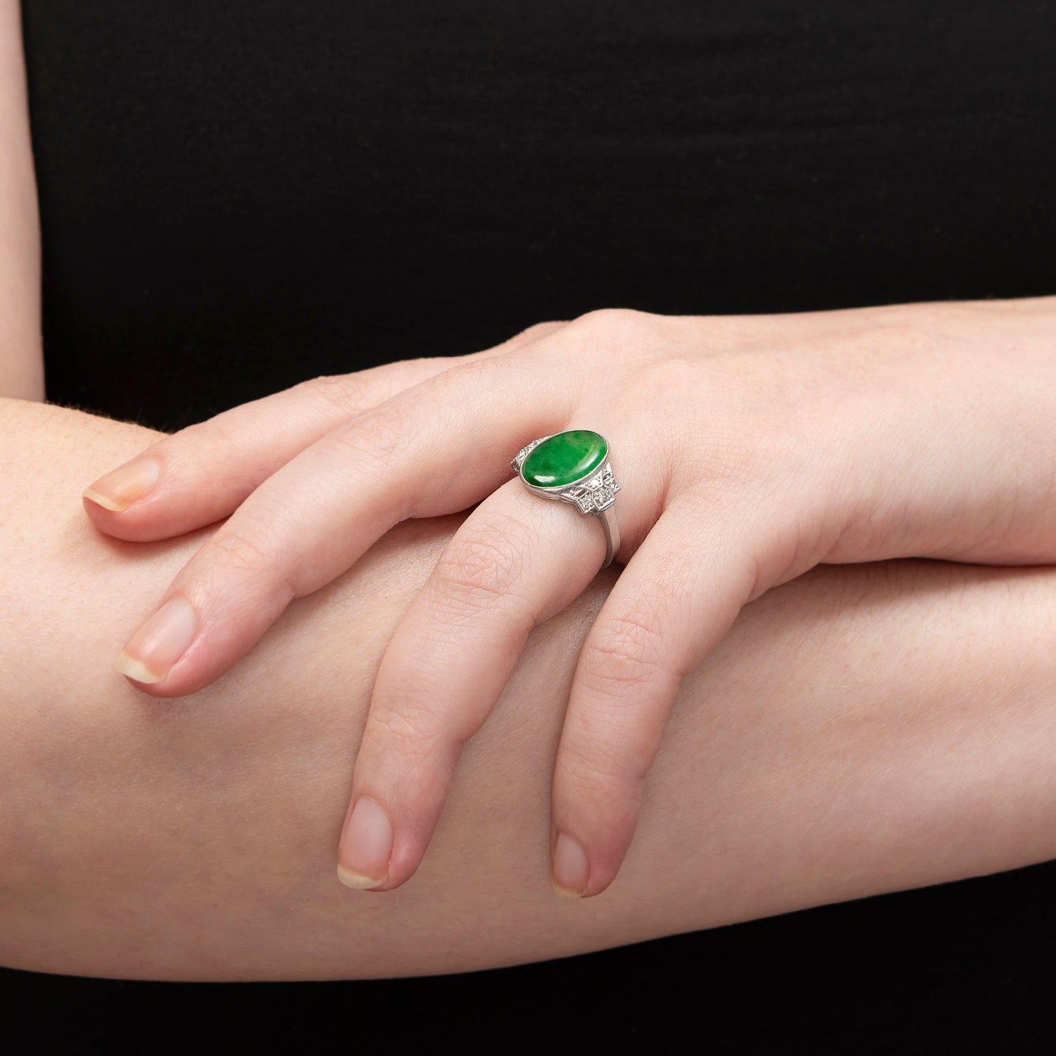 Edwardian Platinum Jade + Diamond Ring