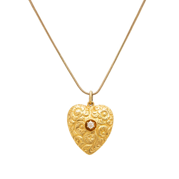 Victorian 18kt Repousse Diamond Heart Necklace