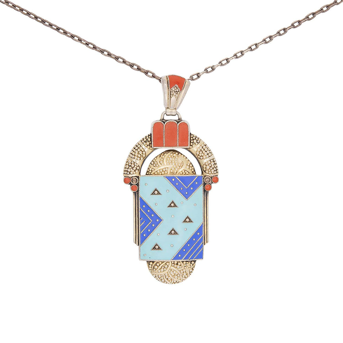 THEODOR FAHRNER-inspired Art Deco Sterling Silver and Enamel Pendant Necklace