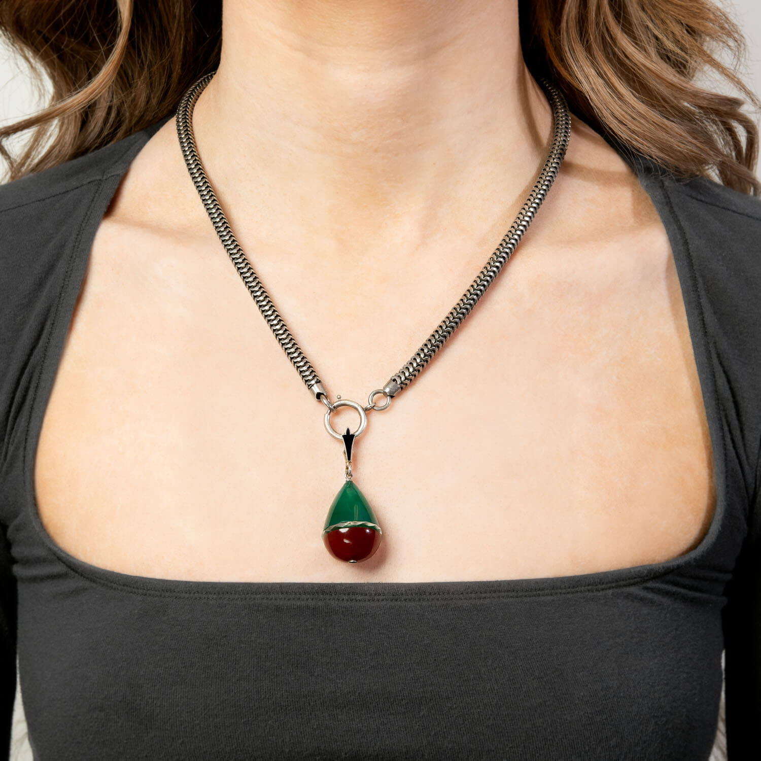 Victorian Sterling Silver Chrysoprase, Crystal, and Carnelian Pendant Necklace