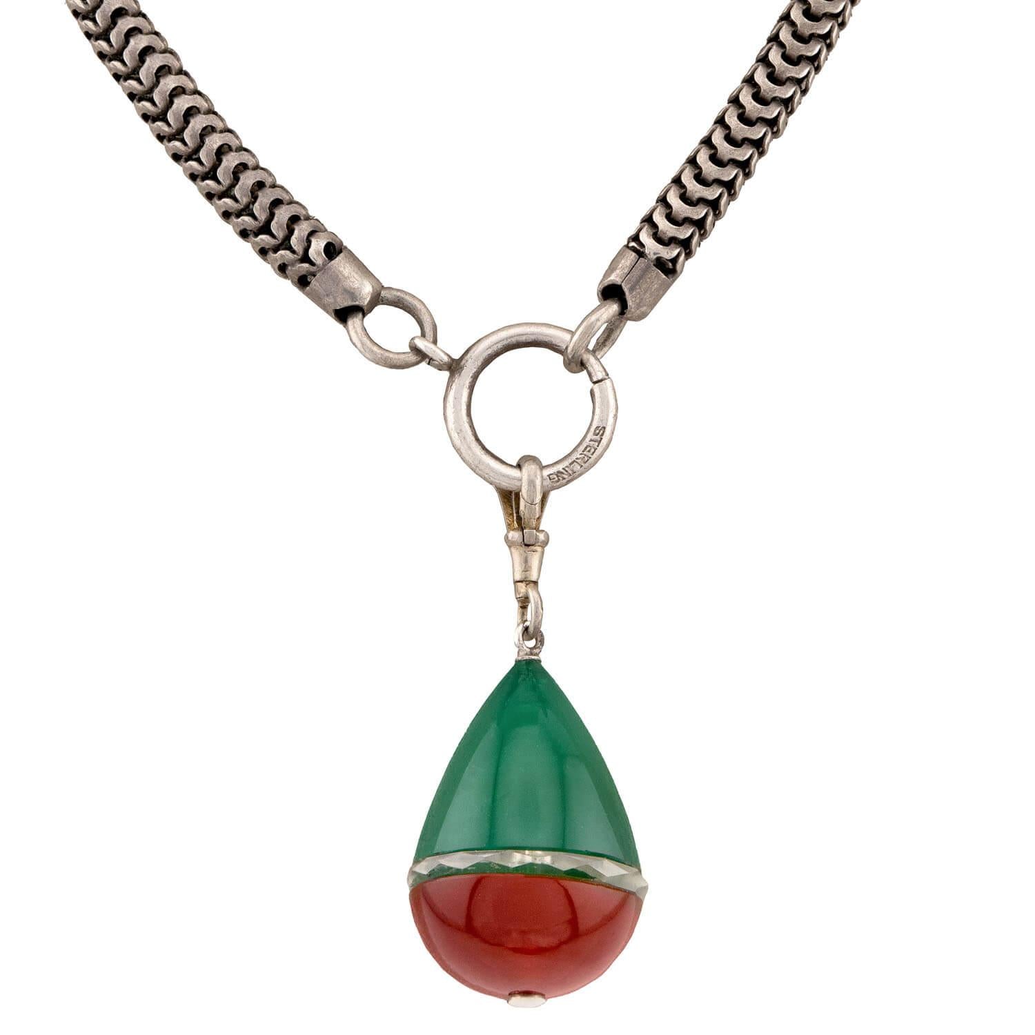 Victorian Sterling Silver Chrysoprase, Crystal, and Carnelian Pendant Necklace