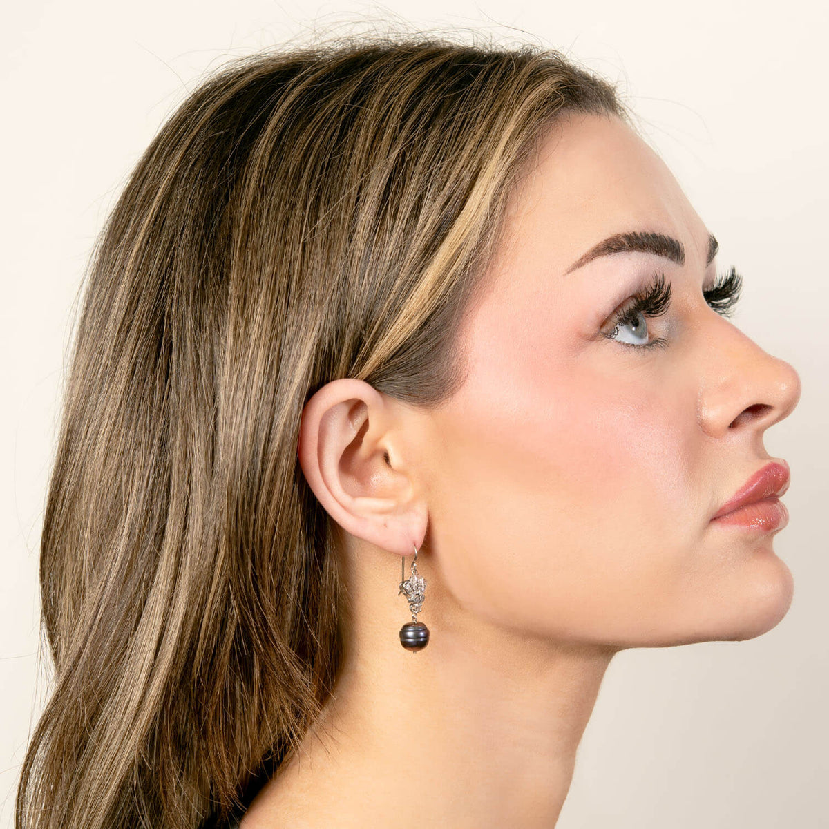 Art Deco 14k Diamond & Black Tahitian Pearl Drop Earrings