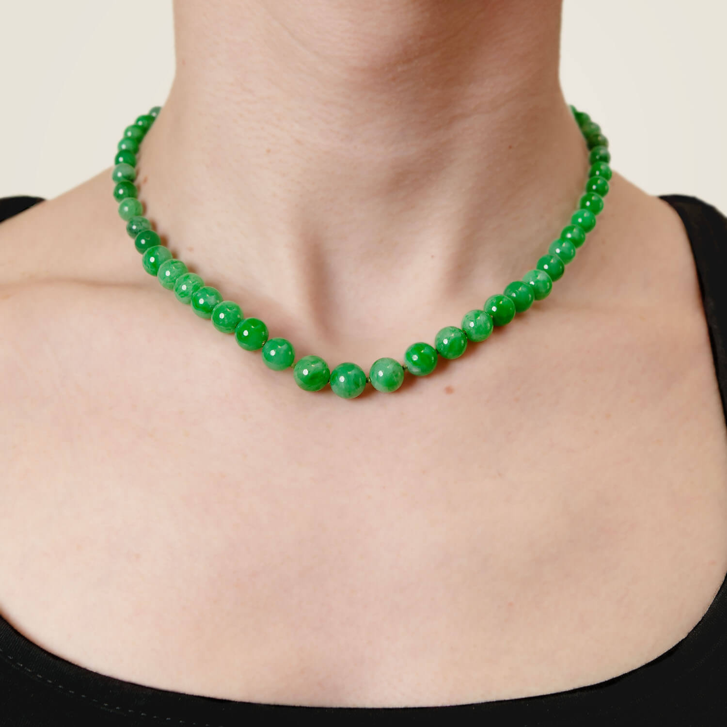 Victorian 14k/SS Jadeite Bead Necklace + Diamond Eye Clasp