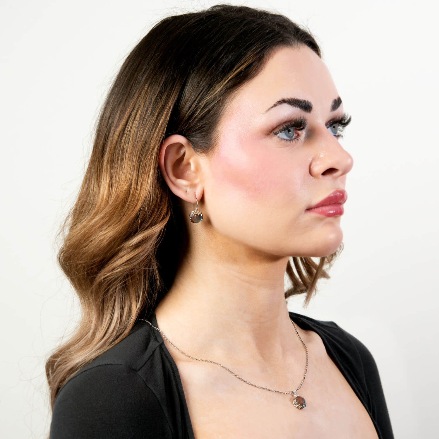 Edwardian Sterling Silver Saphiret Glass Earring & Pendant Set