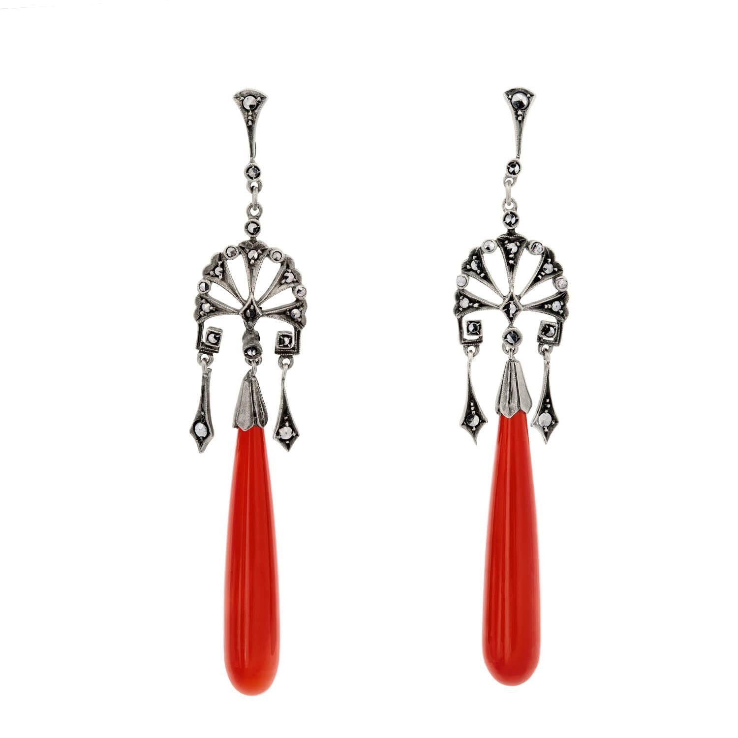 Art Deco Sterling Silver Carnelian Earrings