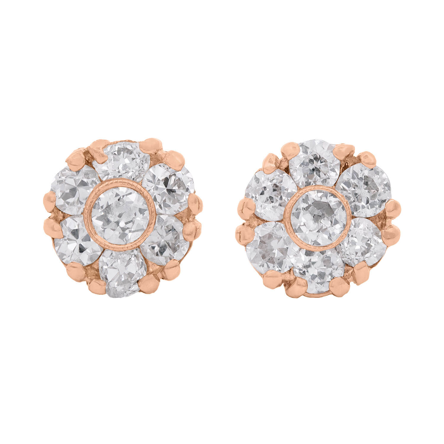 Victorian 14k Diamond Flower Cluster Stud Earrings 1ctw