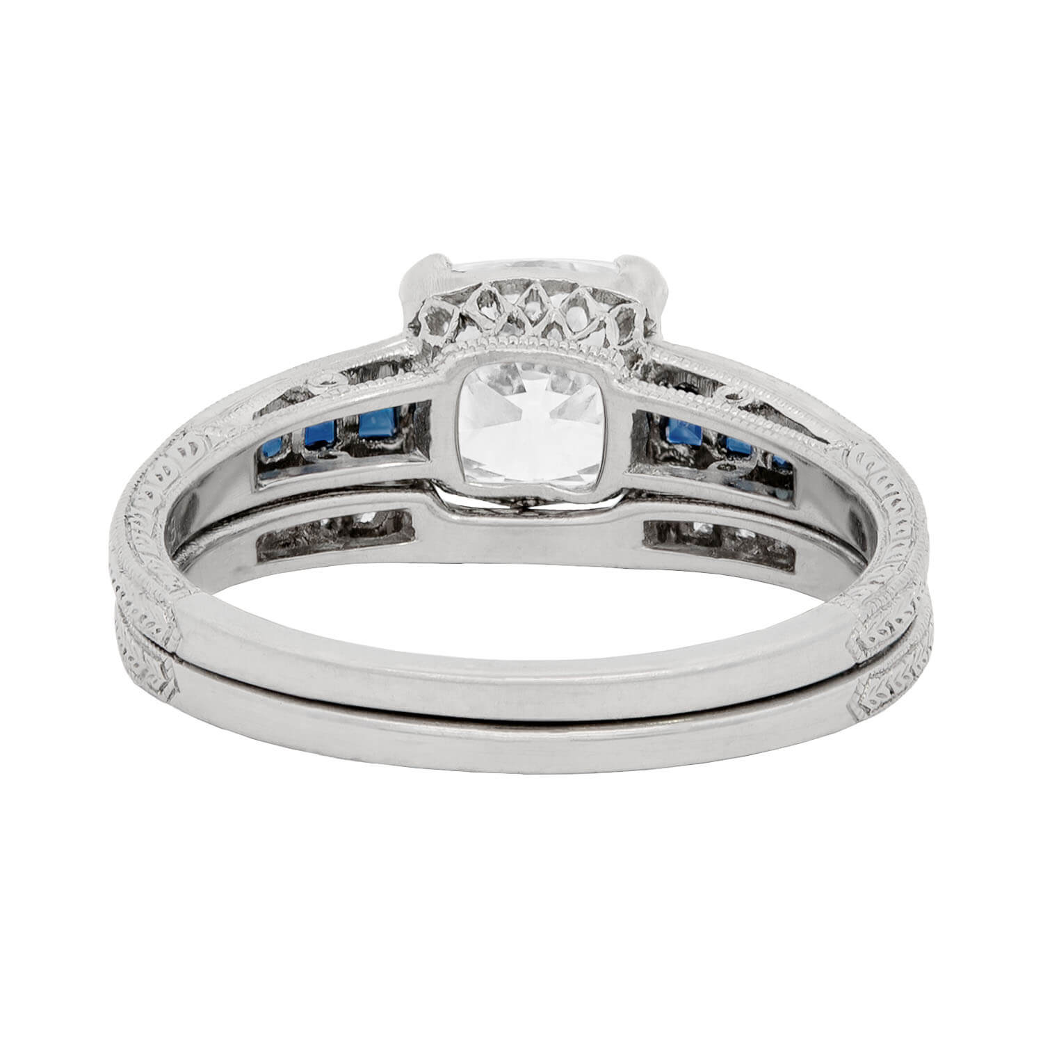 Art Deco Platinum Diamond and Sapphire Engagement + Contoured Band Ring Set 1.53ct