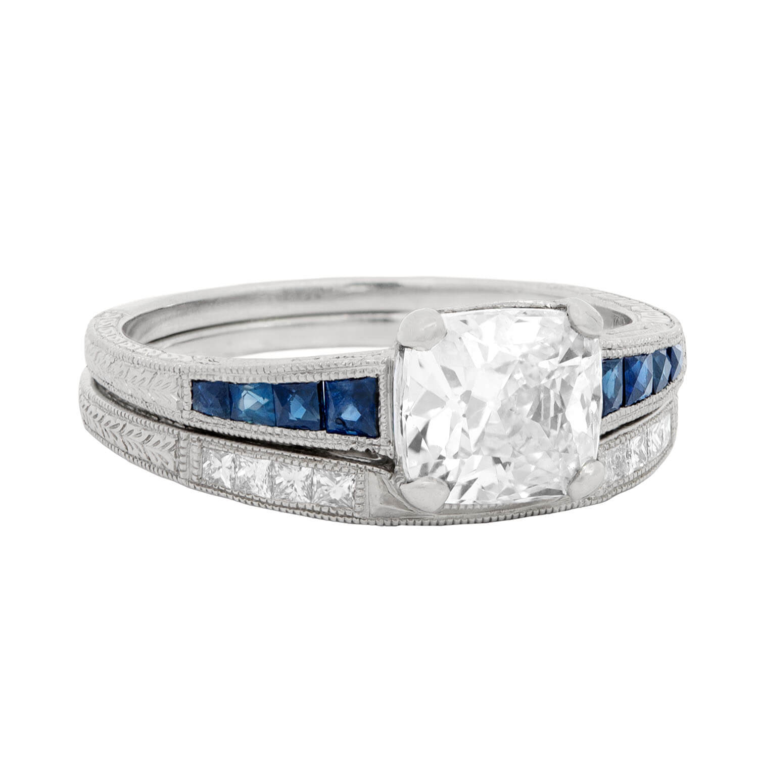 Art Deco Platinum Diamond and Sapphire Engagement + Contoured Band Ring Set 1.53ct