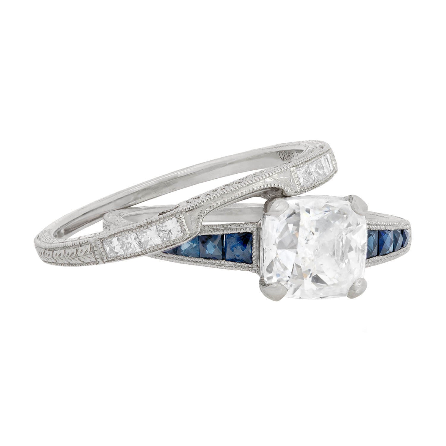 Art Deco Platinum Diamond and Sapphire Engagement + Contoured Band Ring Set 1.53ct