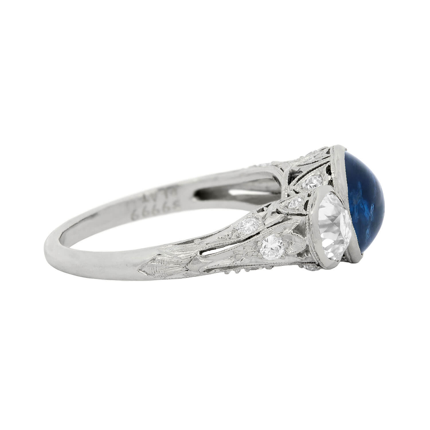 Edwardian 3 Stone Platinum 1.50ct Sapphire & 1ctw Mine Cut Diamond Stone Ring