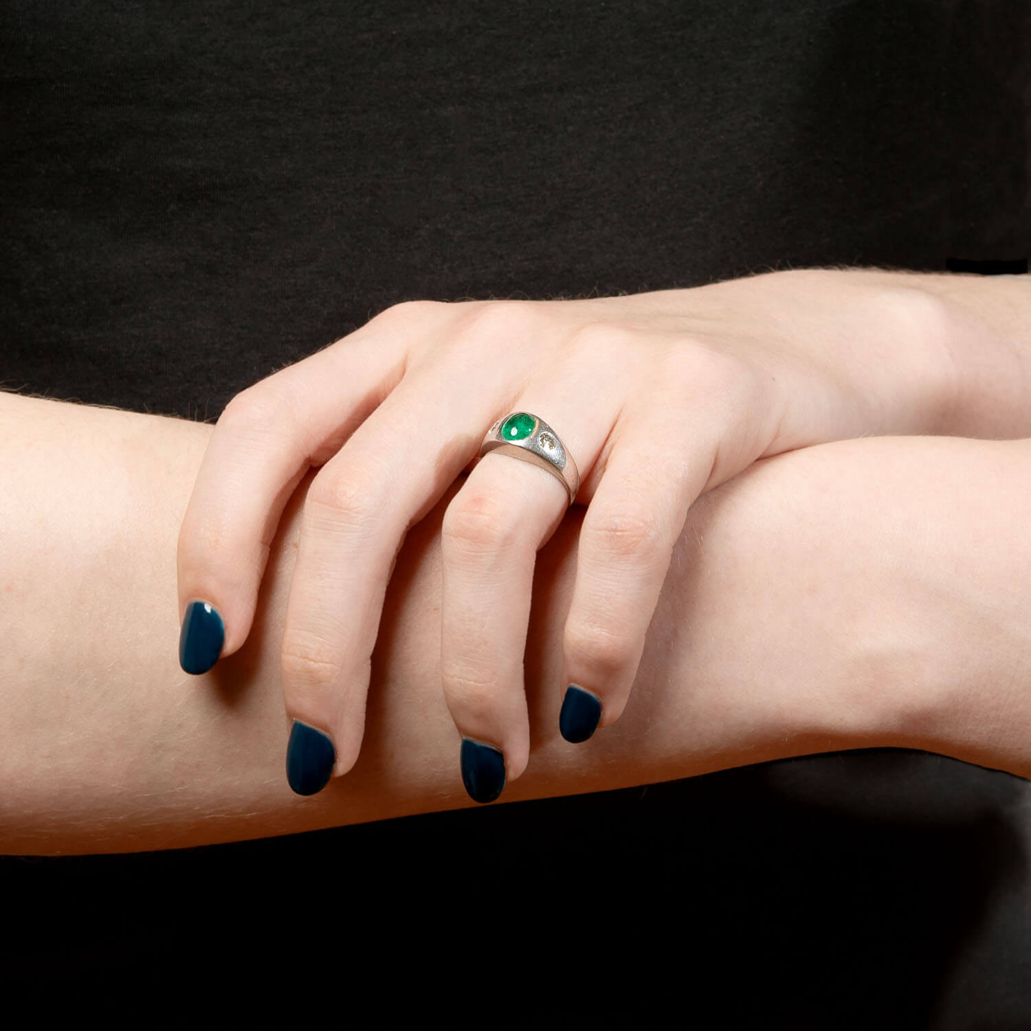 Victorian Platinum Diamond & Emerald Cabochon Ring