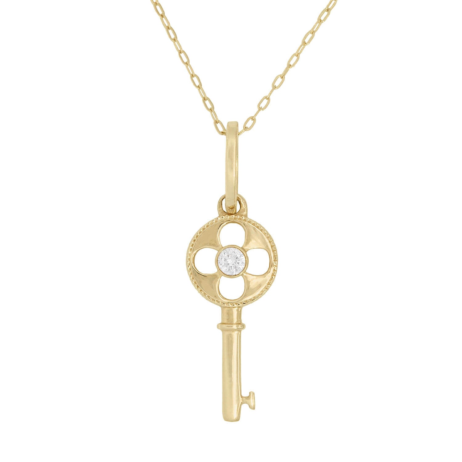 Estate 14k Diamond Four Leaf Clover Key Charm Necklace