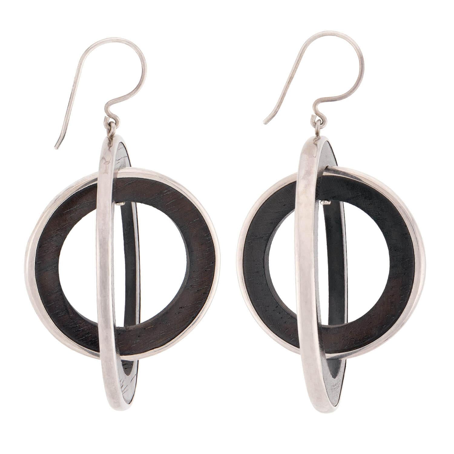 Vintage Sterling Silver & Wood Double Hoop Earrings