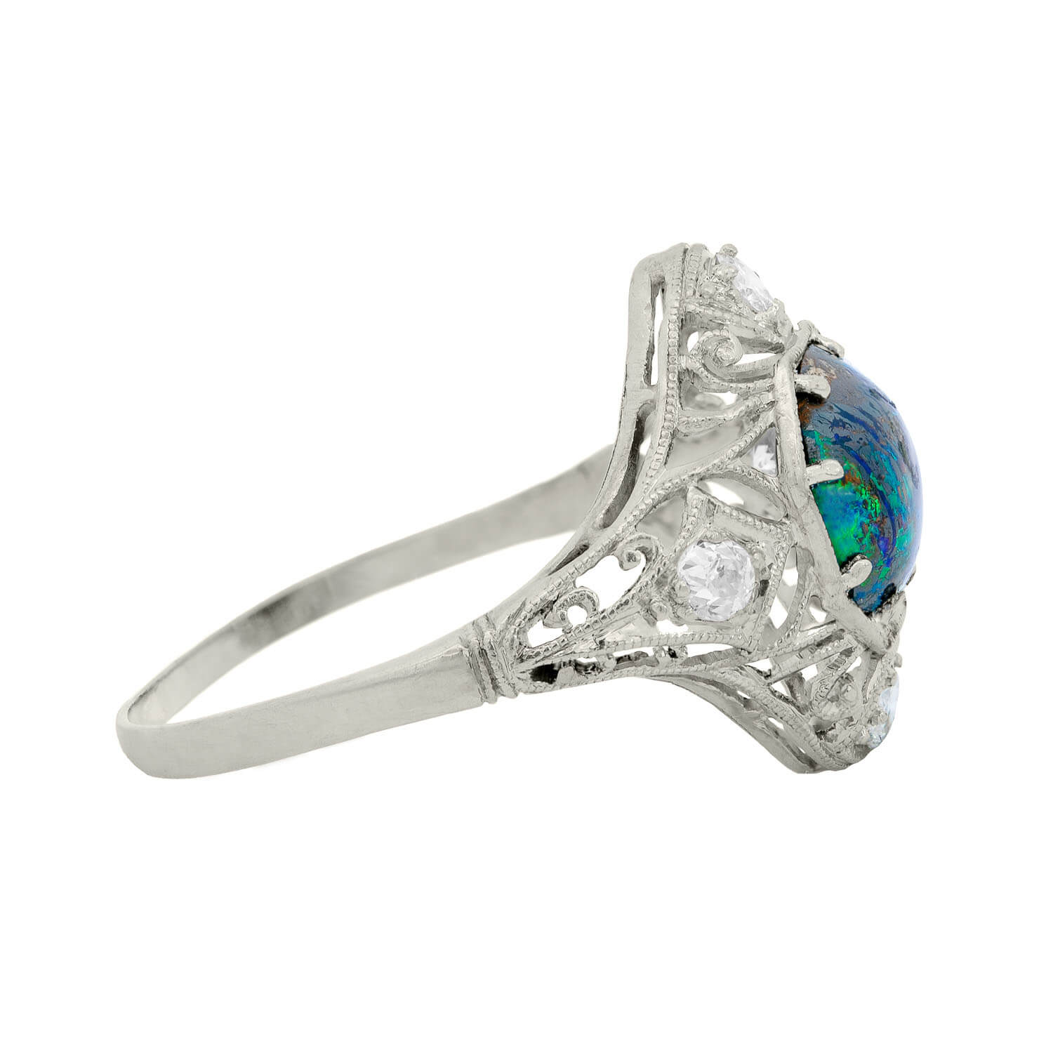 Art Nouveau Platinum Opal and Diamond Filigree Ring