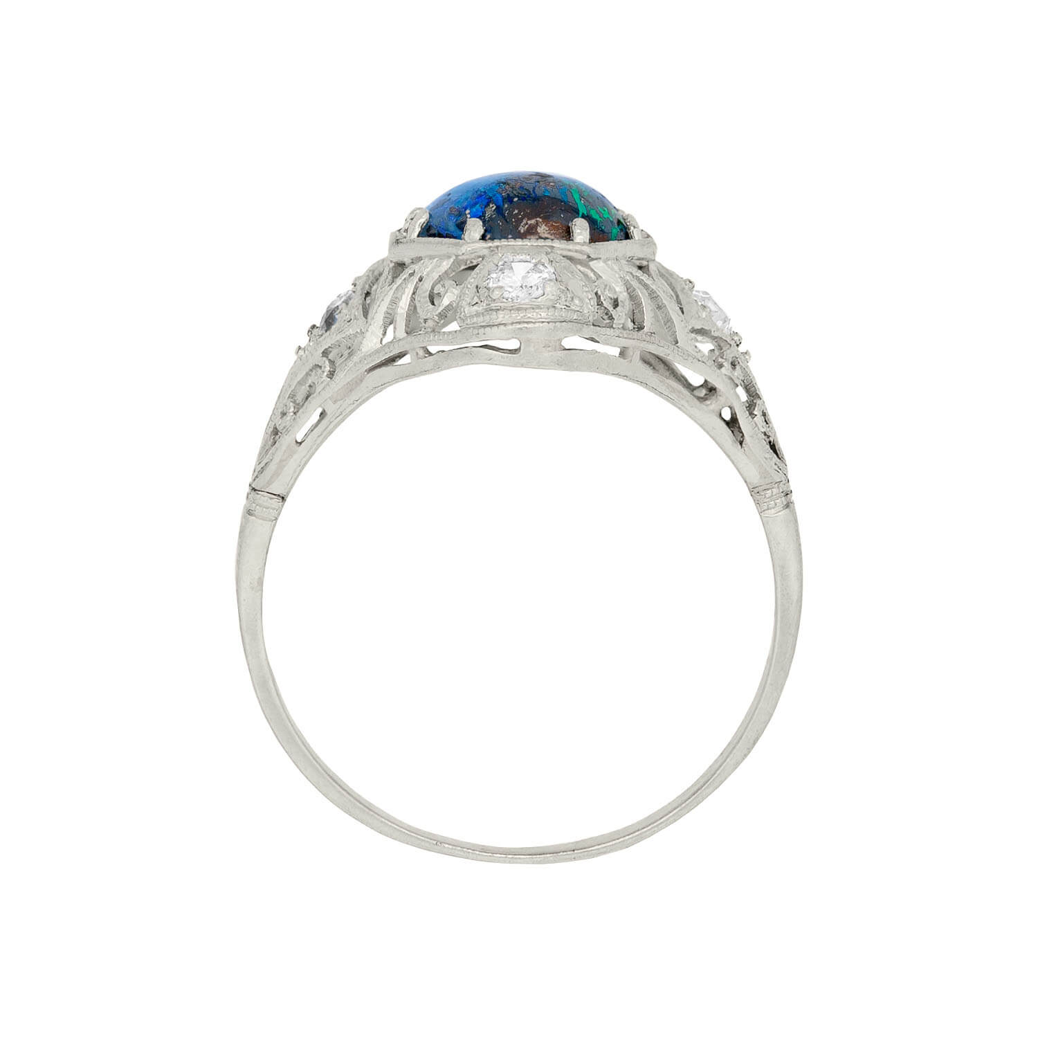 Art Nouveau Platinum Opal and Diamond Filigree Ring