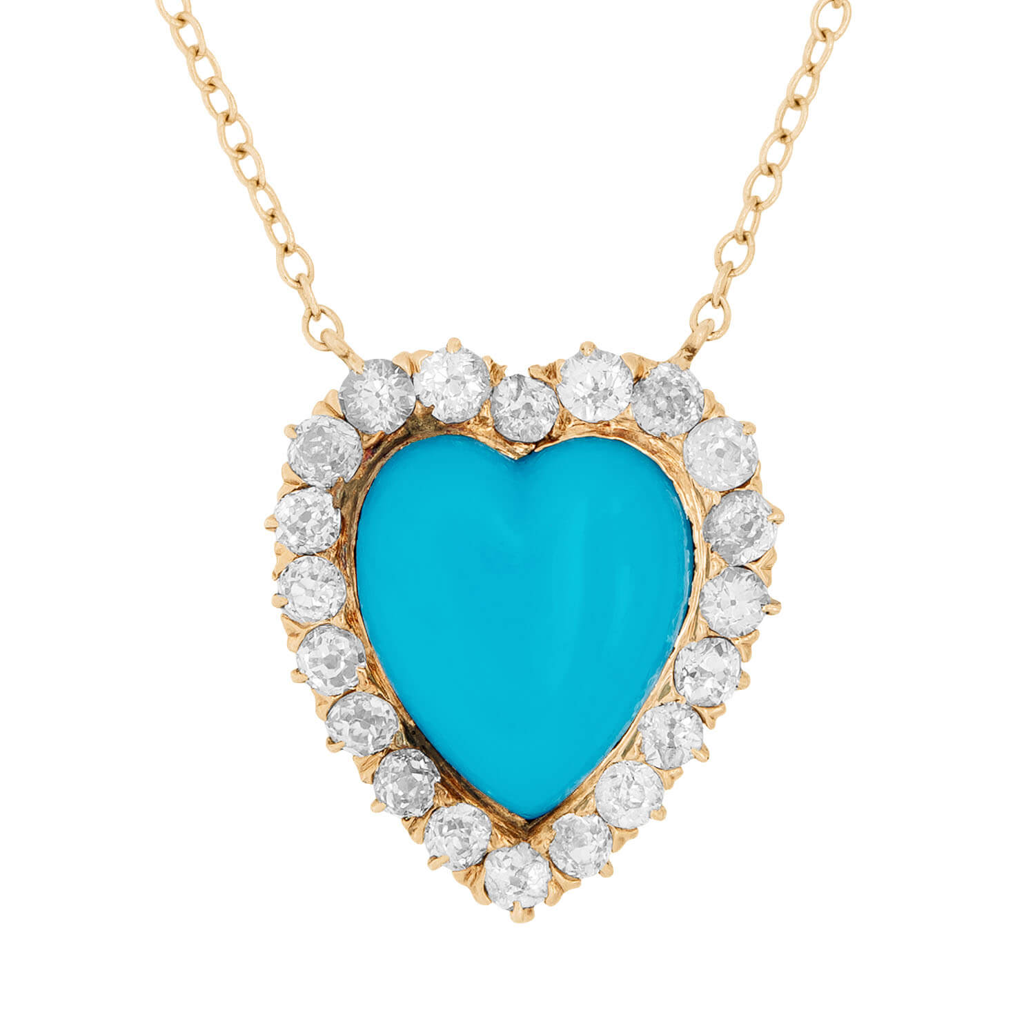 Victorian 14k Turquoise and Diamond Heart Halo Necklace