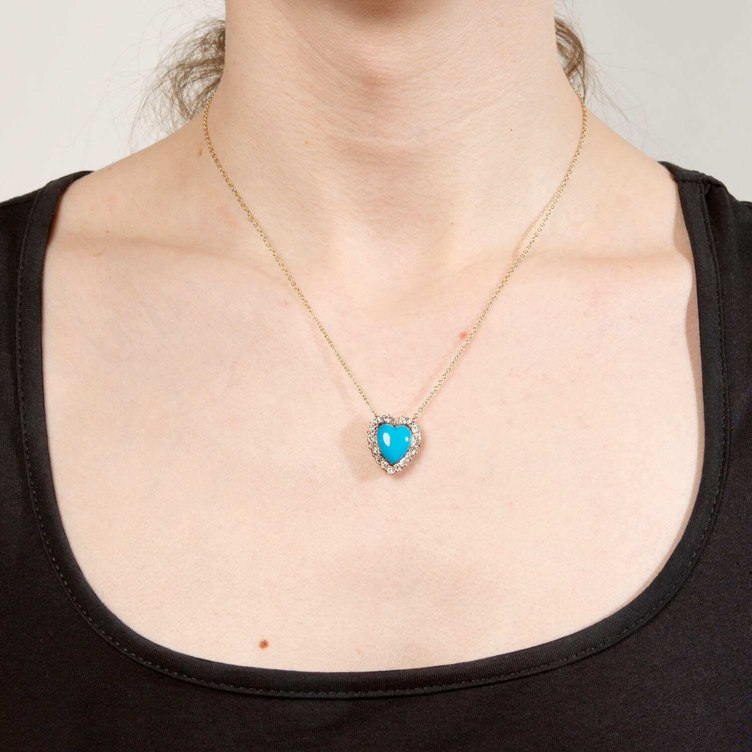 Victorian 14k Turquoise and Diamond Heart Halo Necklace