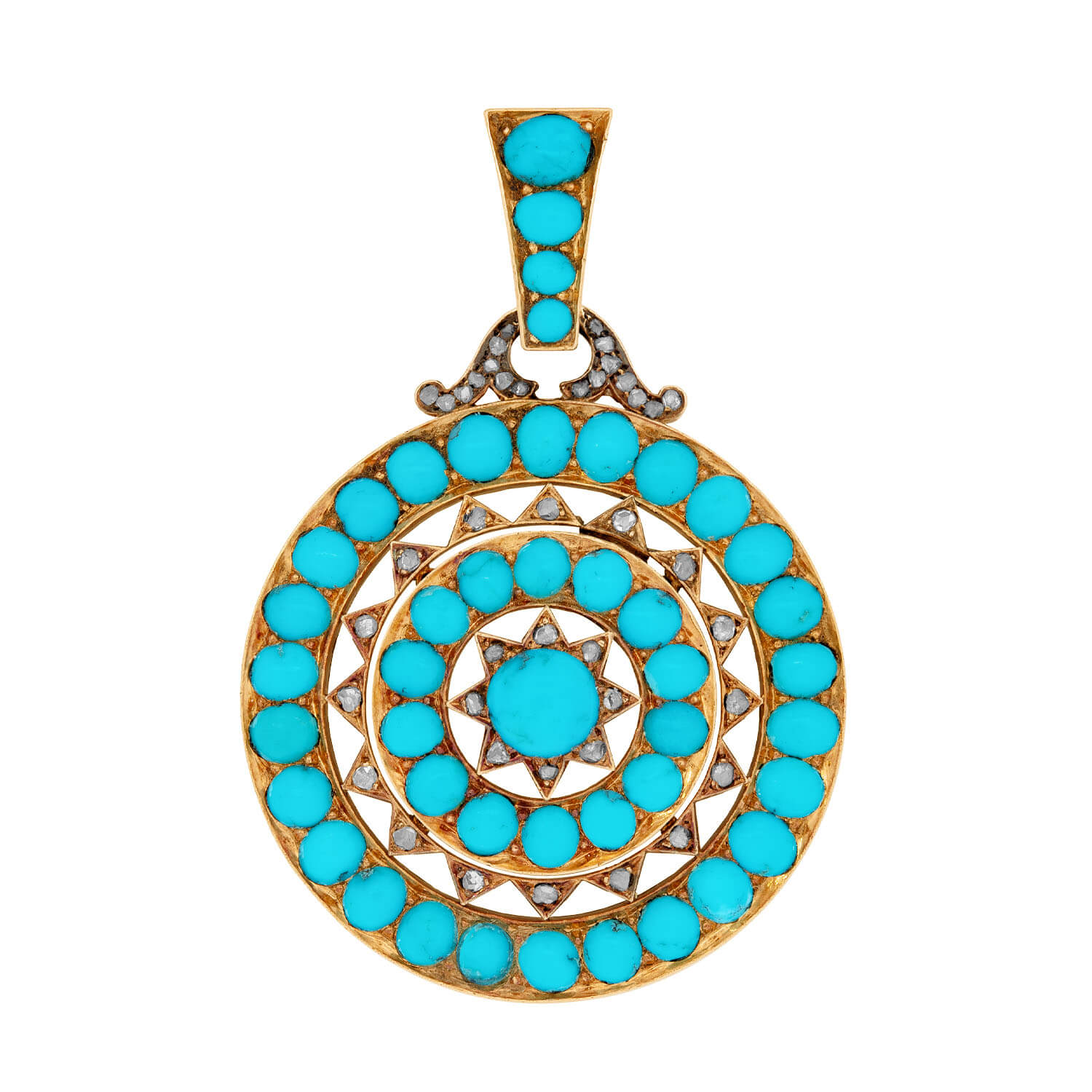 Victorian 14k Persian Turquoise and Diamond Starburst Pendant