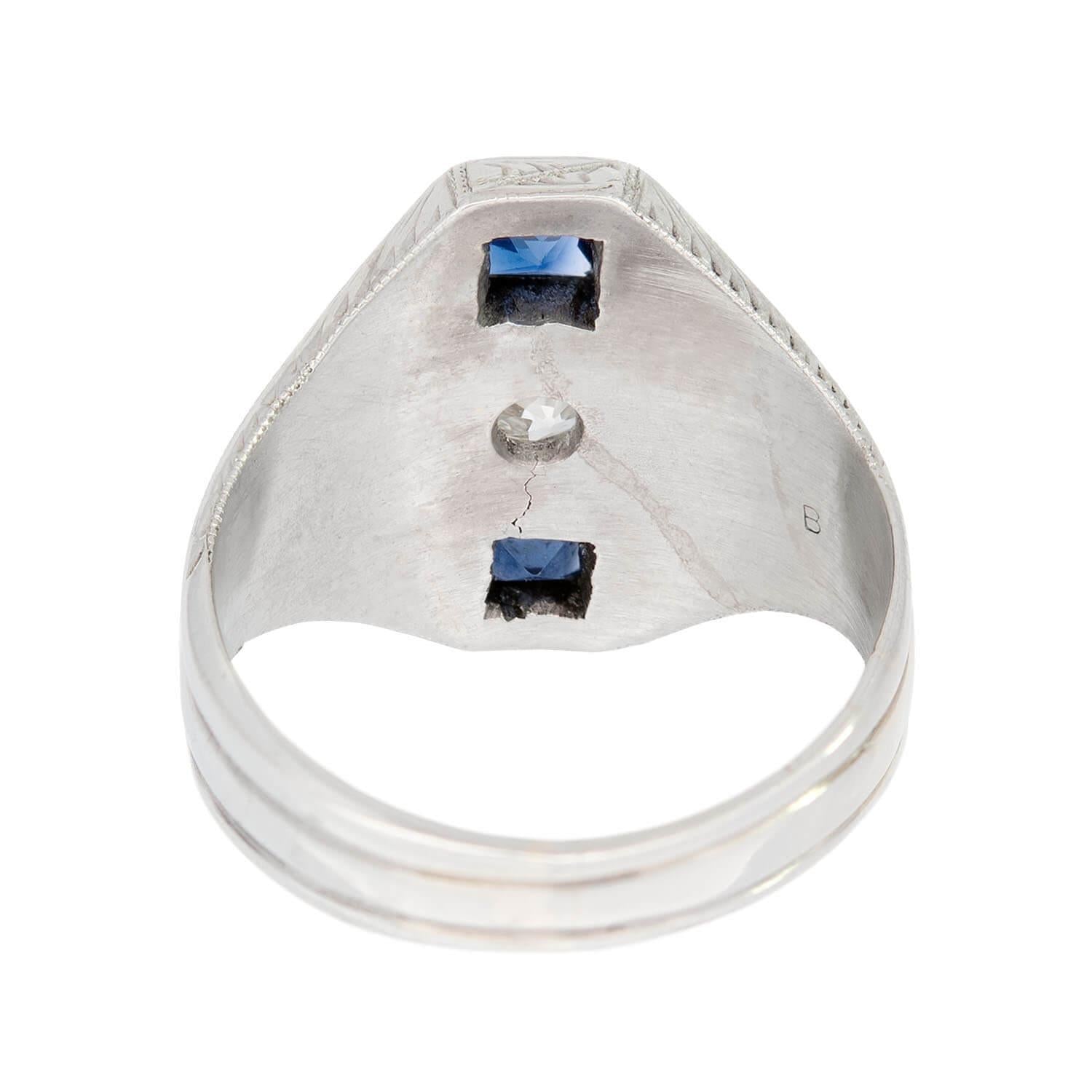 Art Deco 18k Diamond and Synthetic Sapphire Triple Band Ring