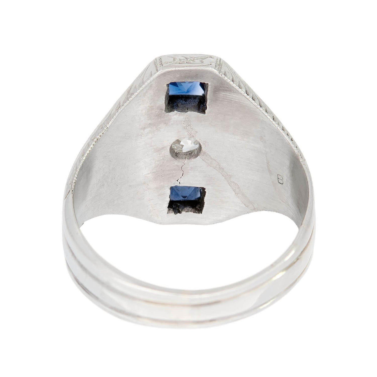 Art Deco 18k Diamond and Synthetic Sapphire Triple Band Ring