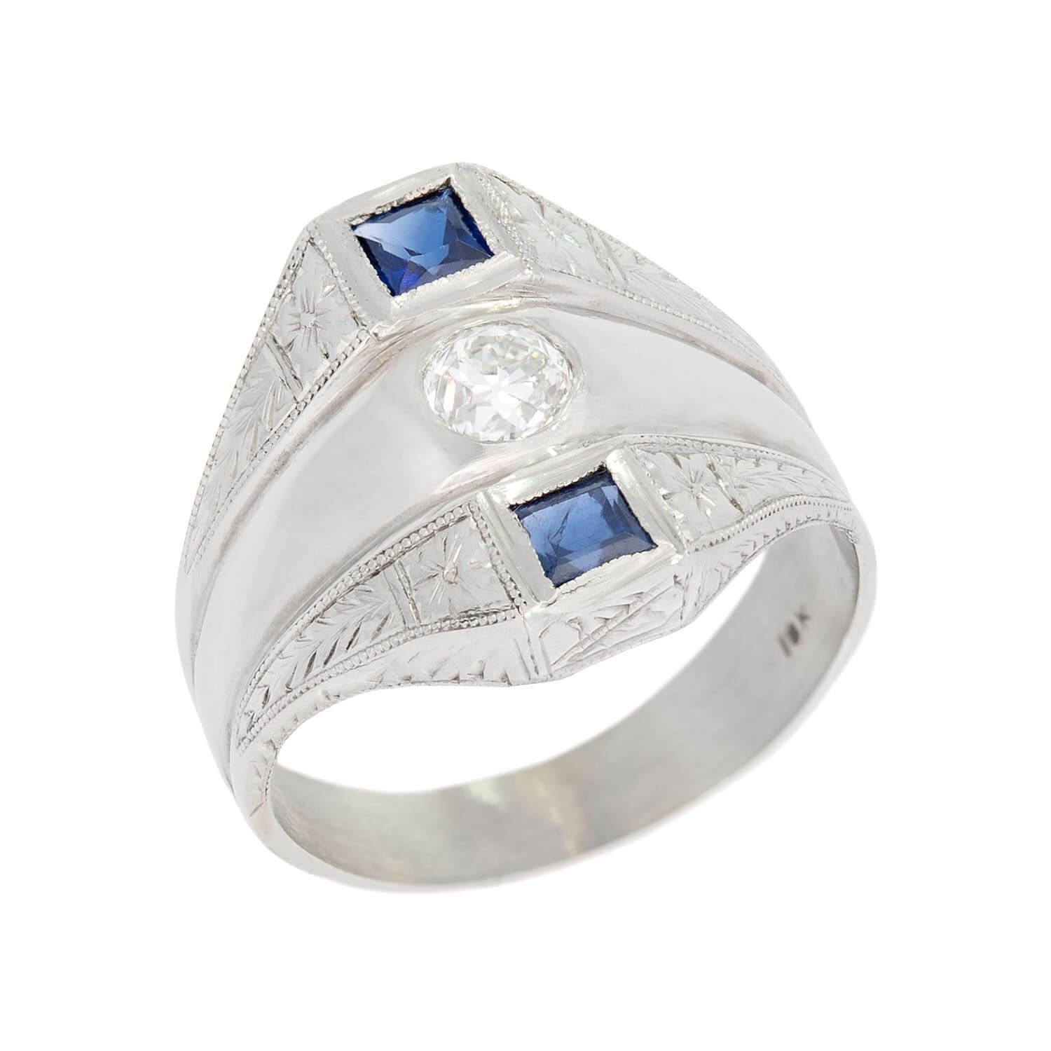 Art Deco 18k Diamond and Synthetic Sapphire Triple Band Ring