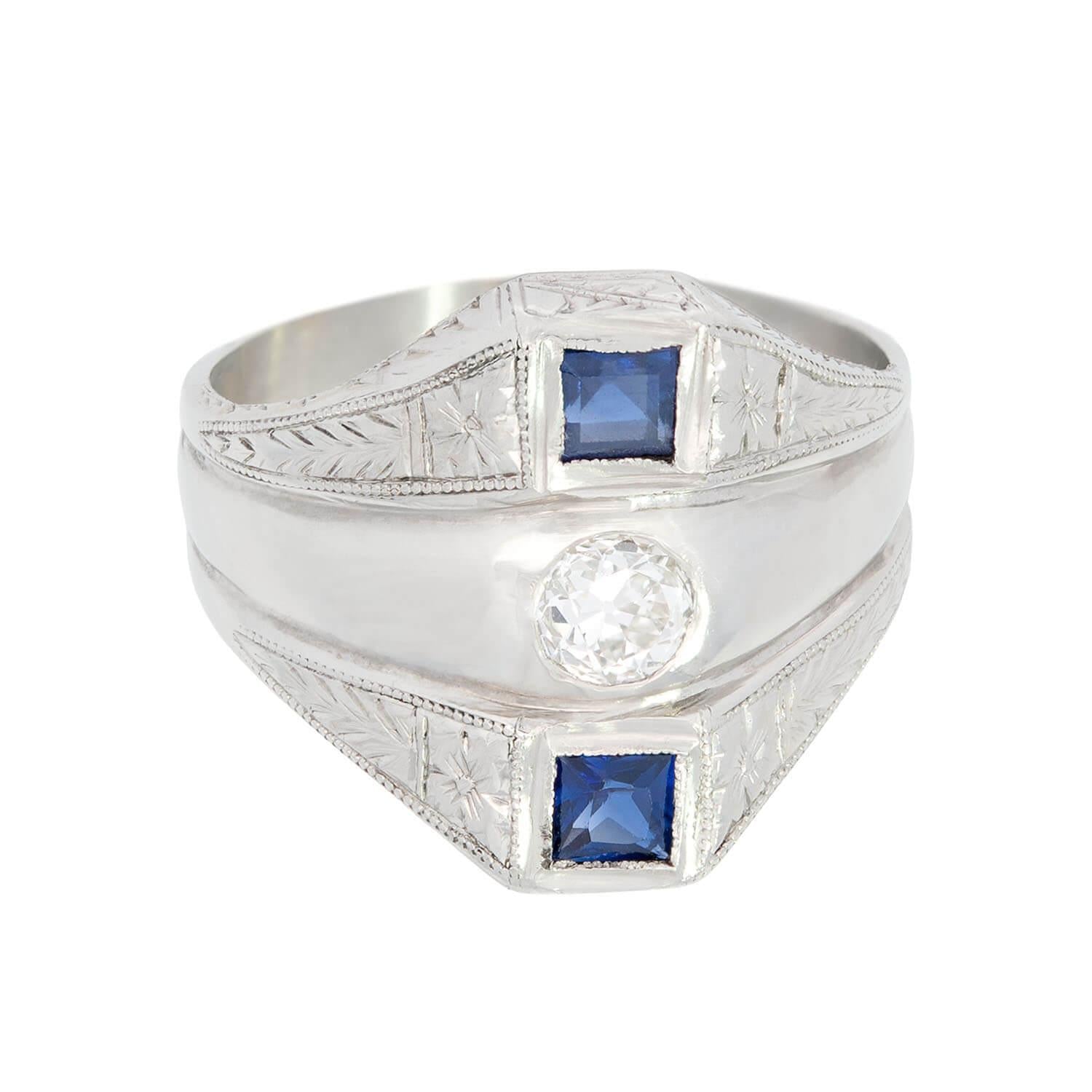 Art Deco 18k Diamond and Synthetic Sapphire Triple Band Ring