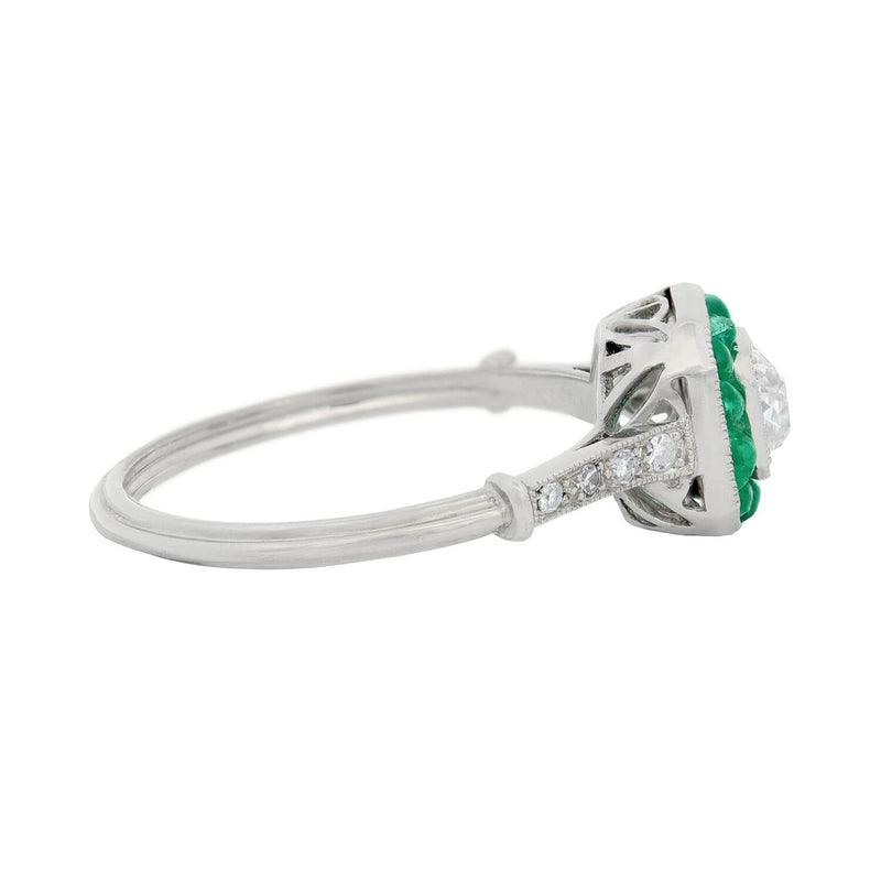 Edwardian Platinum Diamond & Emerald Halo Engagement Ring .60ct
