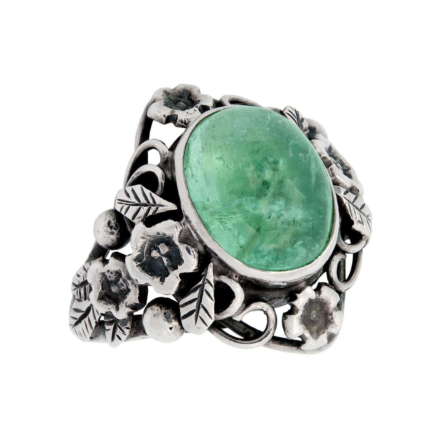 Art Nouveau Sterling Silver Emerald Cabochon Floral Motif Ring