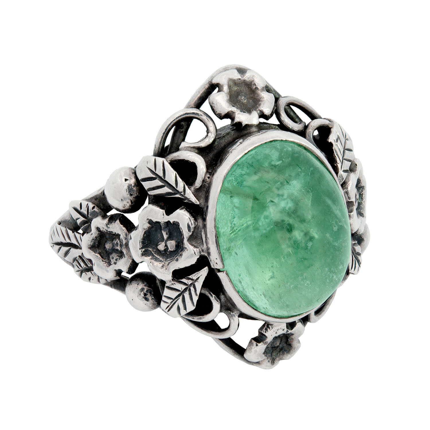 Art Nouveau Sterling Silver Emerald Cabochon Floral Motif Ring