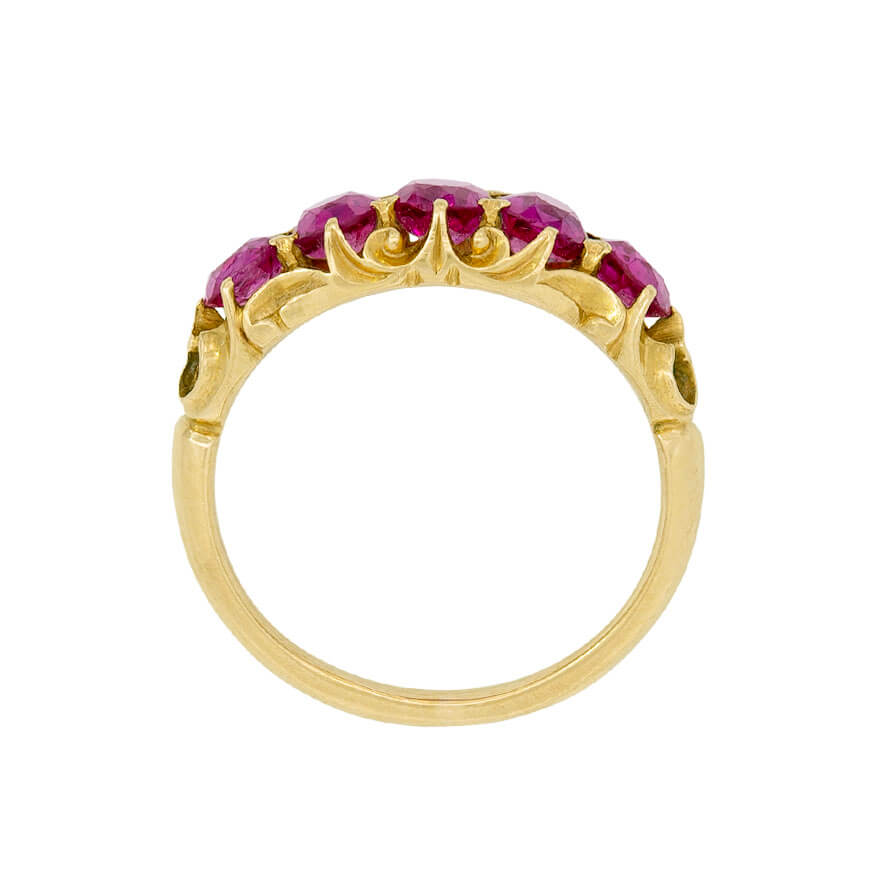 Art Nouveau 18k No Heat Burmese Ruby Five Stone Ring