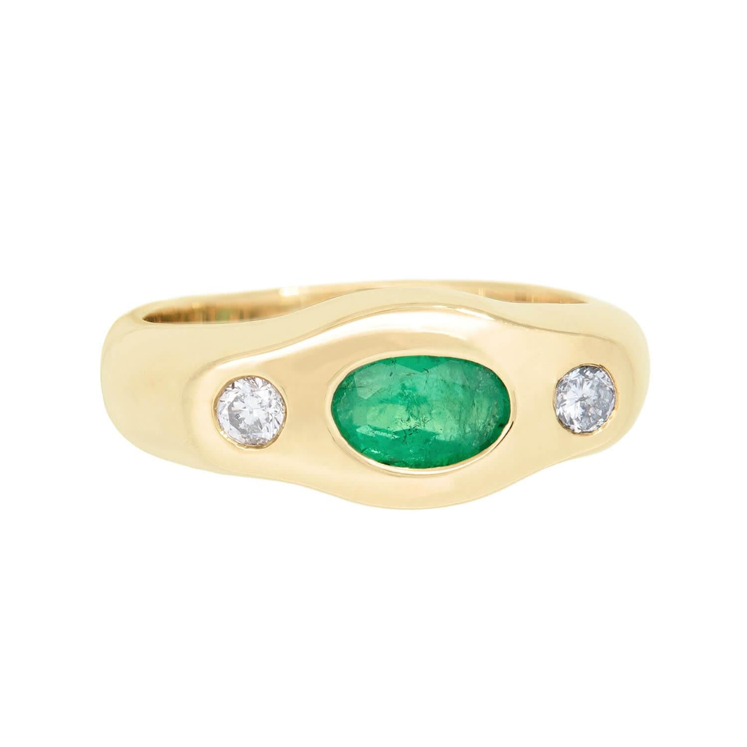 Estate 14k Emerald and Diamond Flush Mount Ring