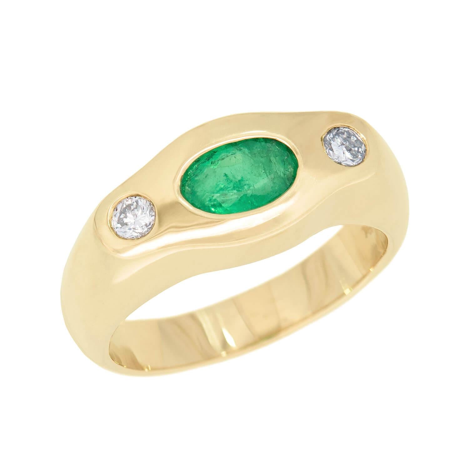 Estate 14k Emerald and Diamond Flush Mount Ring