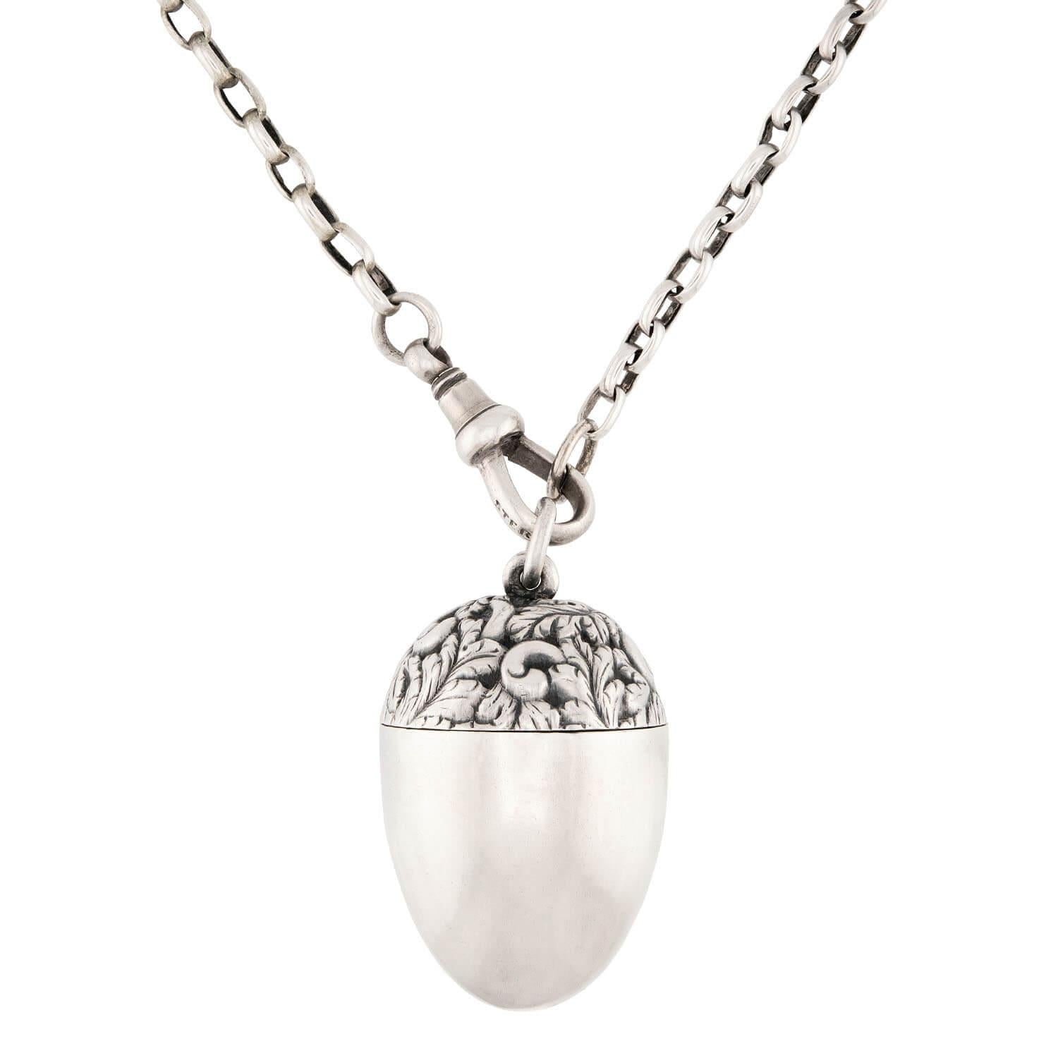 Victorian Sterling Silver Repoussé Acorn Compartment Pendant Necklace