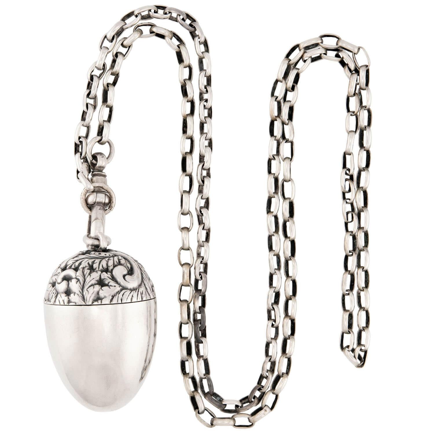 Victorian Sterling Silver Repoussé Acorn Compartment Pendant Necklace
